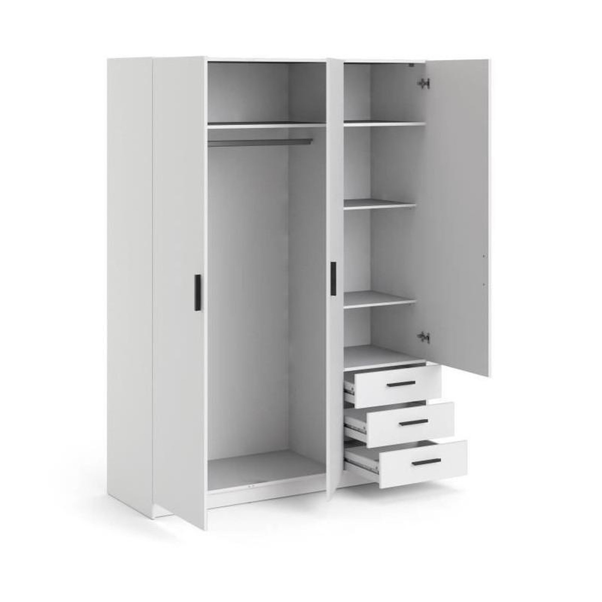 Voir la diapositive 4 : TVILUM Armoire VEGA - Décor Blanc mat - 3 portes + 3 tiroirs - L 147 x P 49,6 x H 200,4 cm - TVILUM