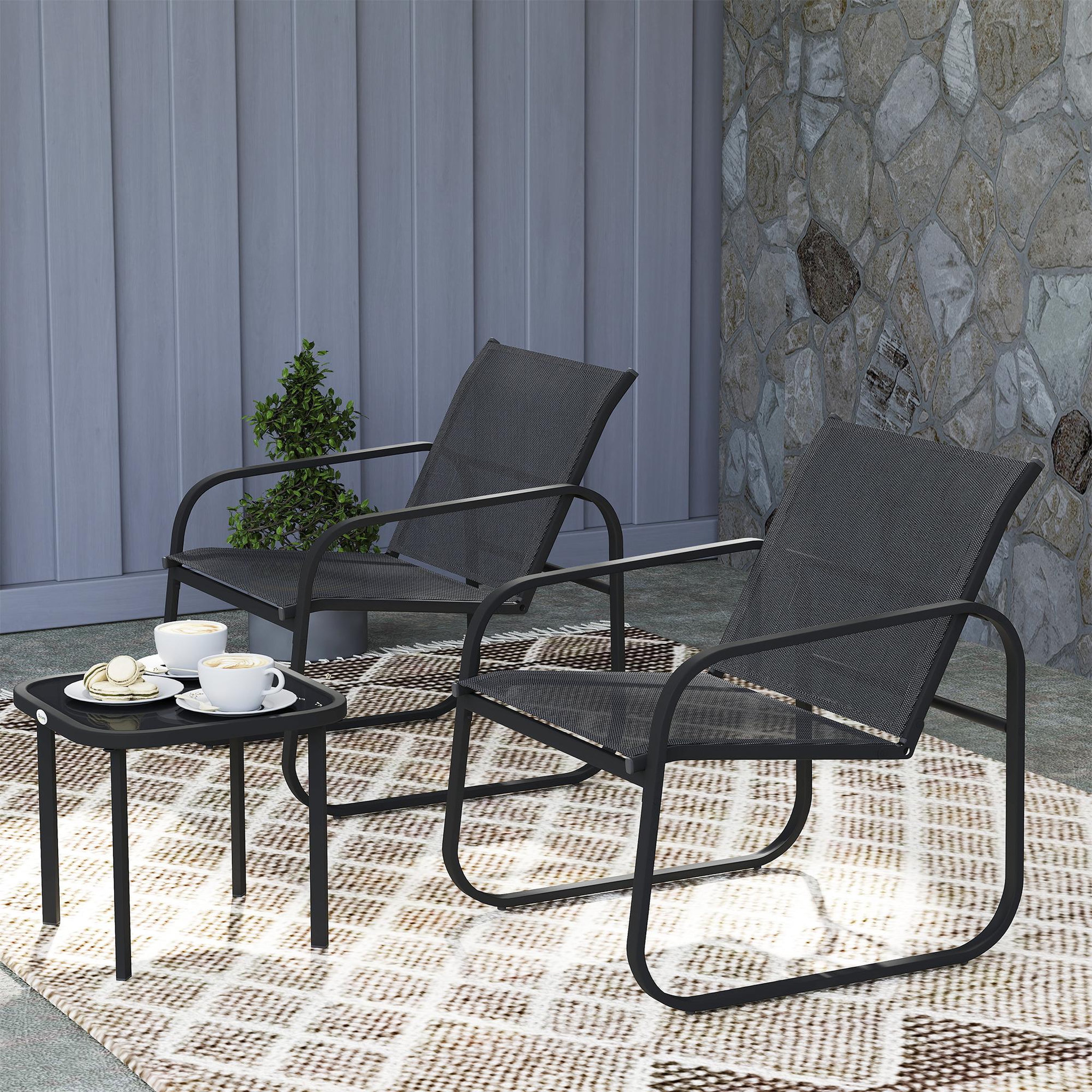 Voir la diapositive 4 : OUTSUNNY Ensemble bistrot de jardin relax 2 personnes 3 pièces plateau verre trempé acier textilène noir