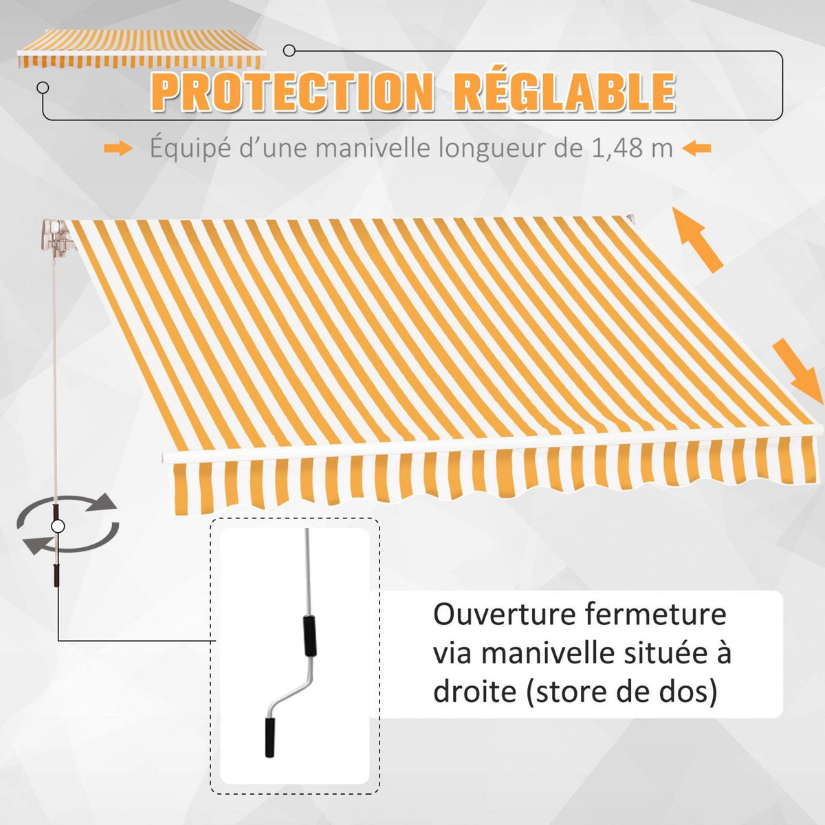 OUTSUNNY Store banne manuel rétractable aluminium polyester imperméabilisé 3L x 2,5l m orange blanc rayé