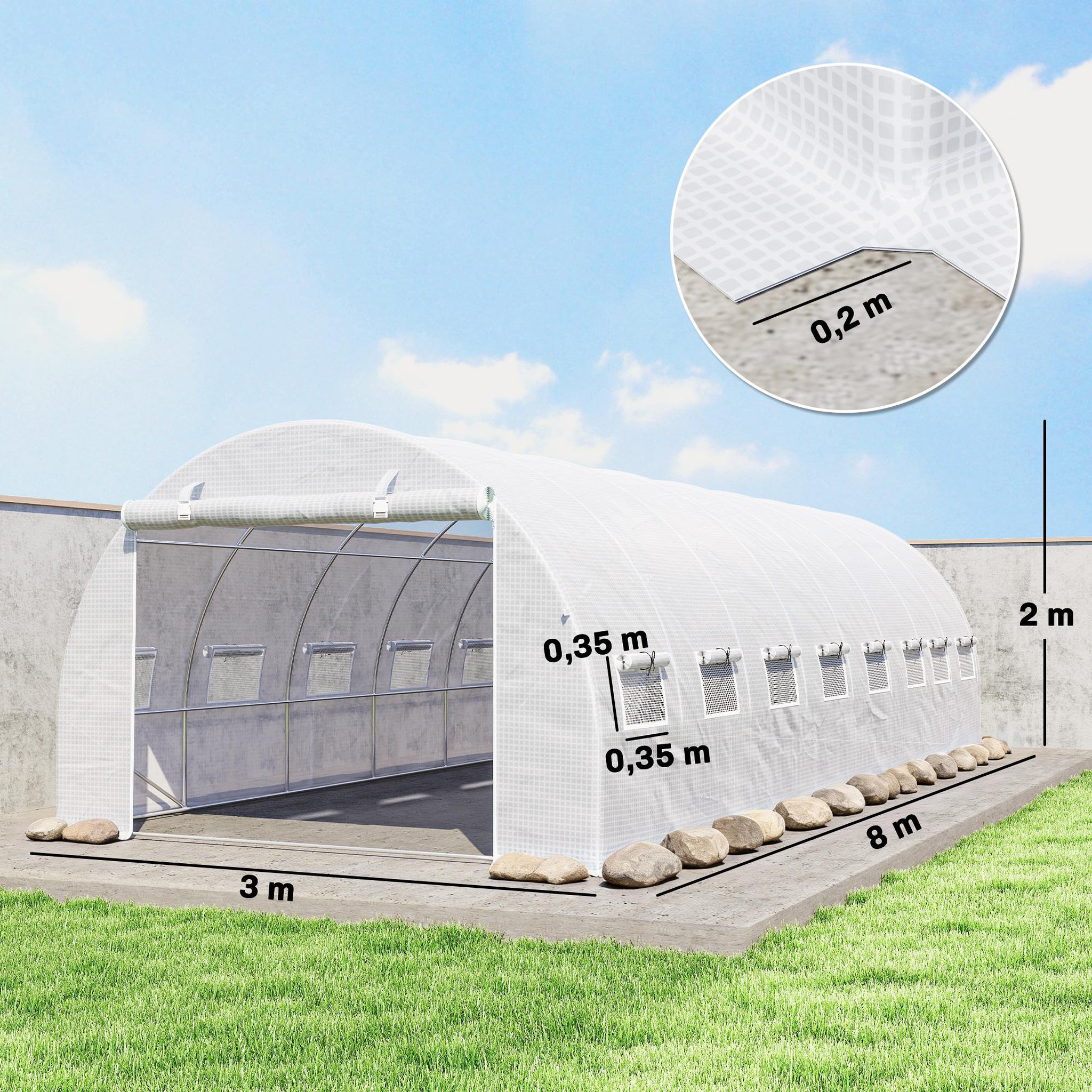 Voir la diapositive 3 : OUTSUNNY Serre tunnel 24m² dim. 8l x 3l x 2h m - 16 fenêtres, porte zippée - acier galvanisé pe haute densité blanc