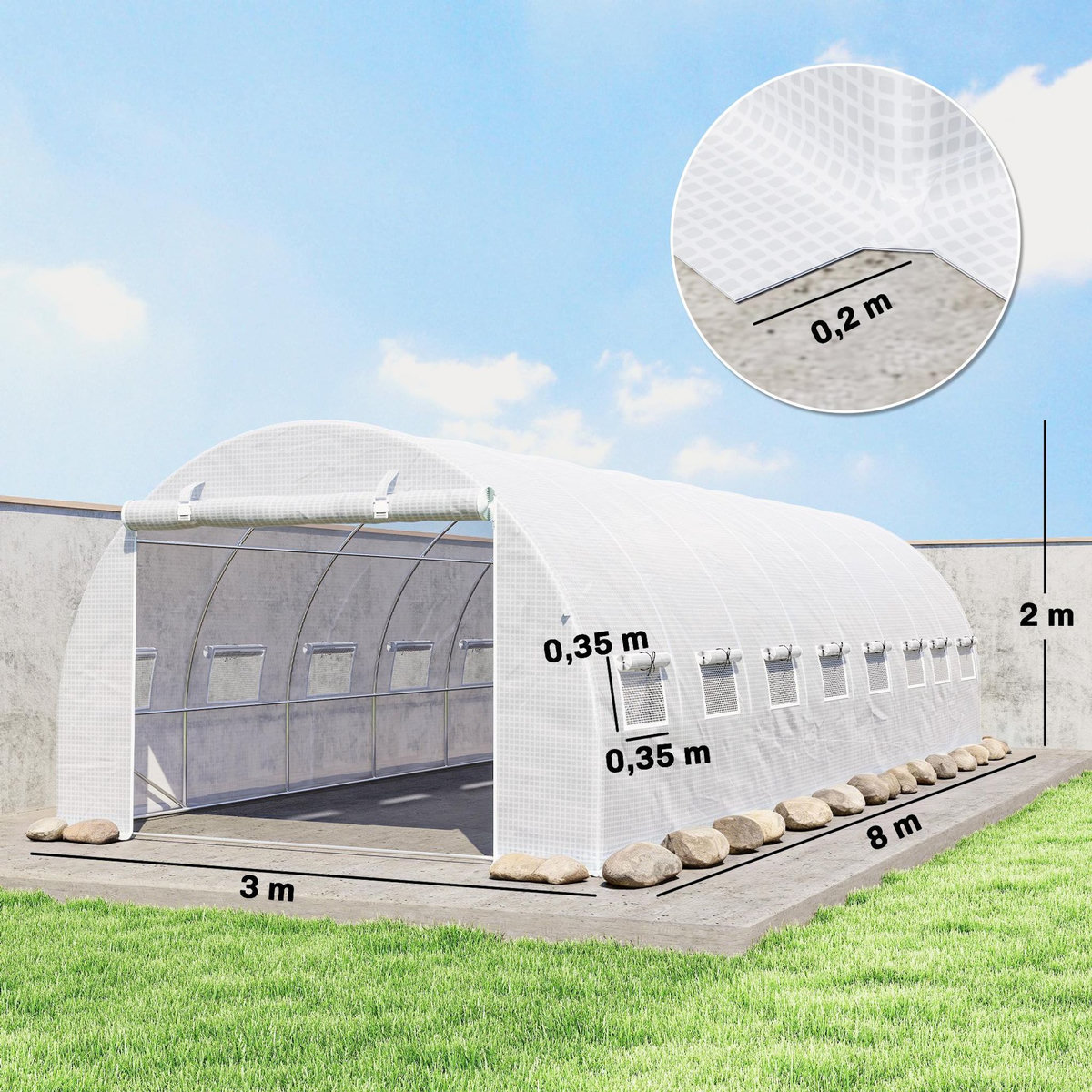 OUTSUNNY Serre tunnel 24m² dim. 8L x 3l x 2H m - 16 fenêtres, porte zippée - acier galvanisé PE haute densité blanc
