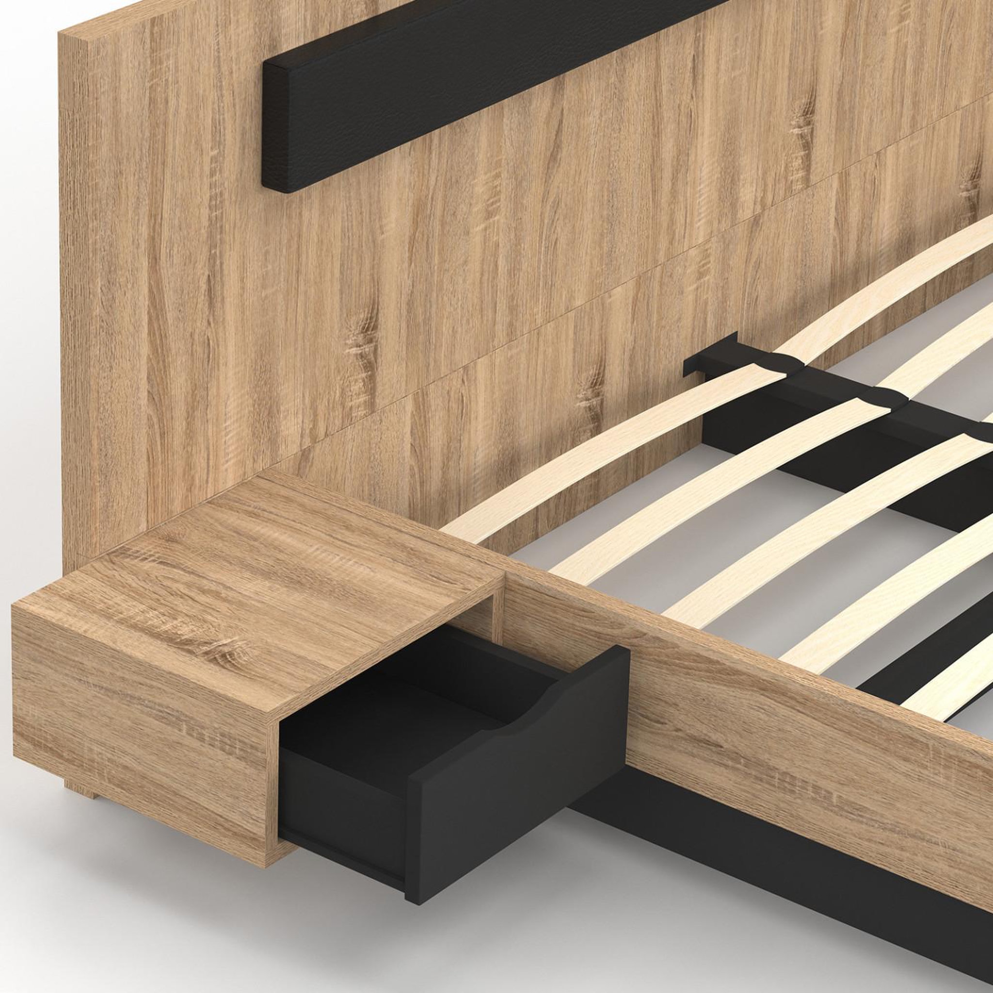 Voir la diapositive 5 : ID MARKET Lit double santa avec tête de lit + tables de chevet intégrées et sommier 180 x 200 cm bois et noir