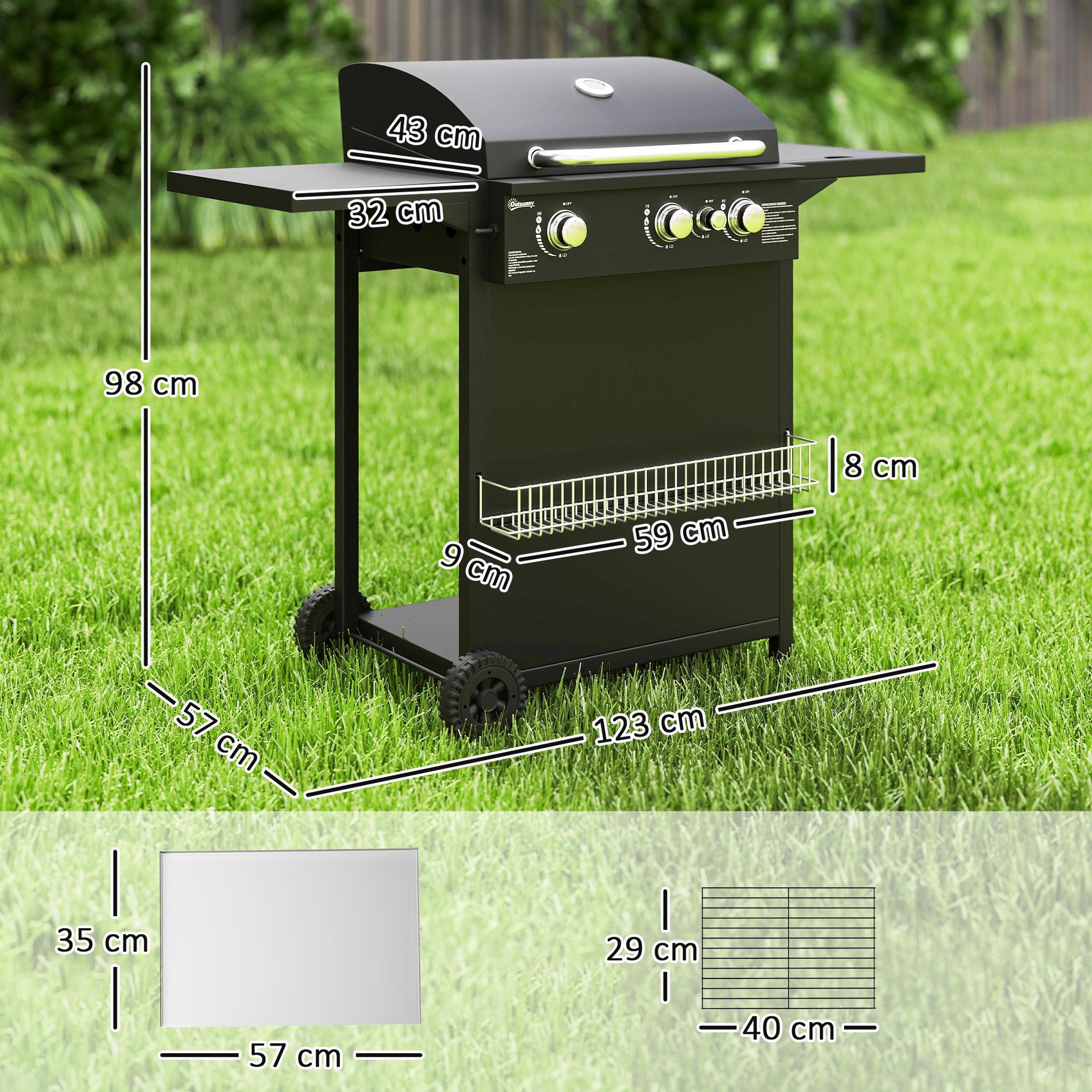 Voir la diapositive 2 : OUTSUNNY Barbecue gaz 3+1 brûleurs avec couvercle 2 roues - 9,5 kW - 2 grilles chromées, étagères latérales, thermomètre - noir