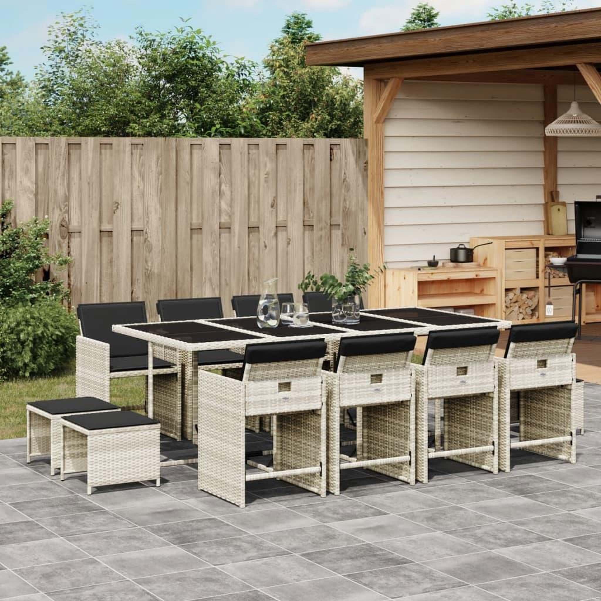 VIDAXL Ensemble a manger de jardin et coussins 13 pcs gris clair rotin