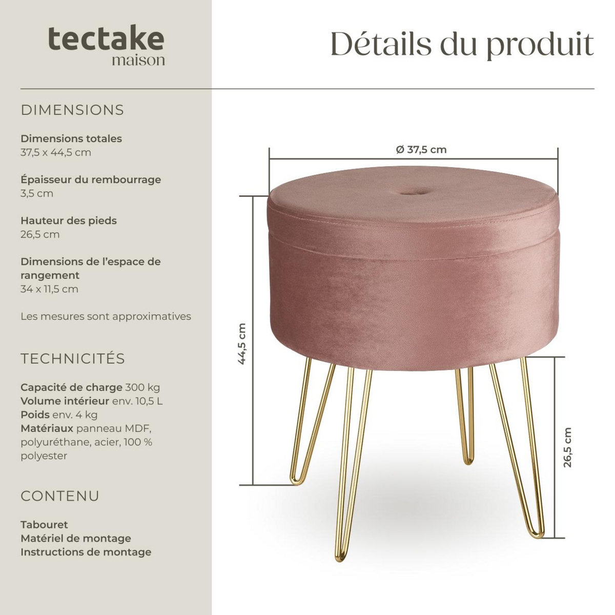 tectake Tabouret avec espace de rangement rond rose