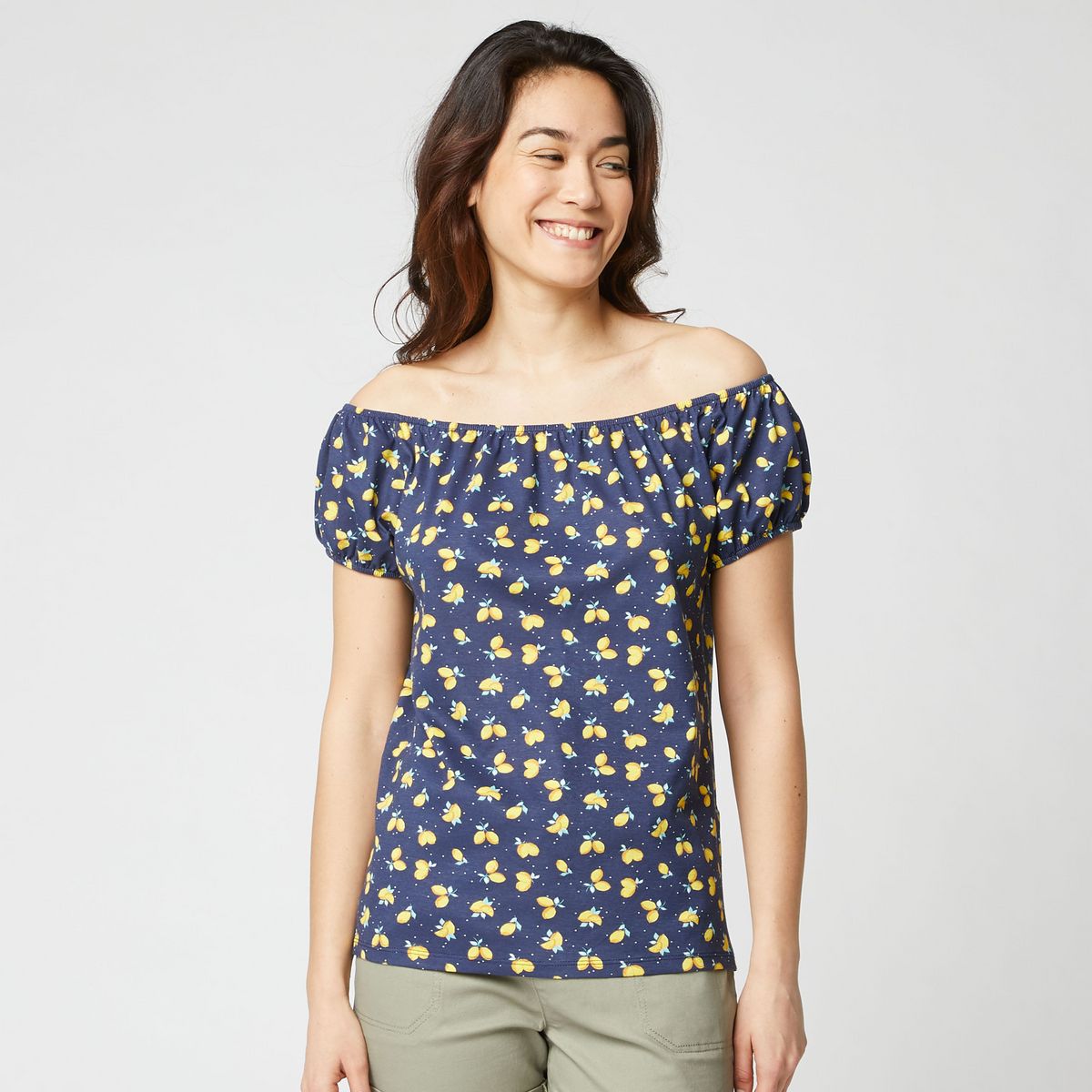 IN EXTENSO Top bleu marine épaules dénudées imprimé orange femme