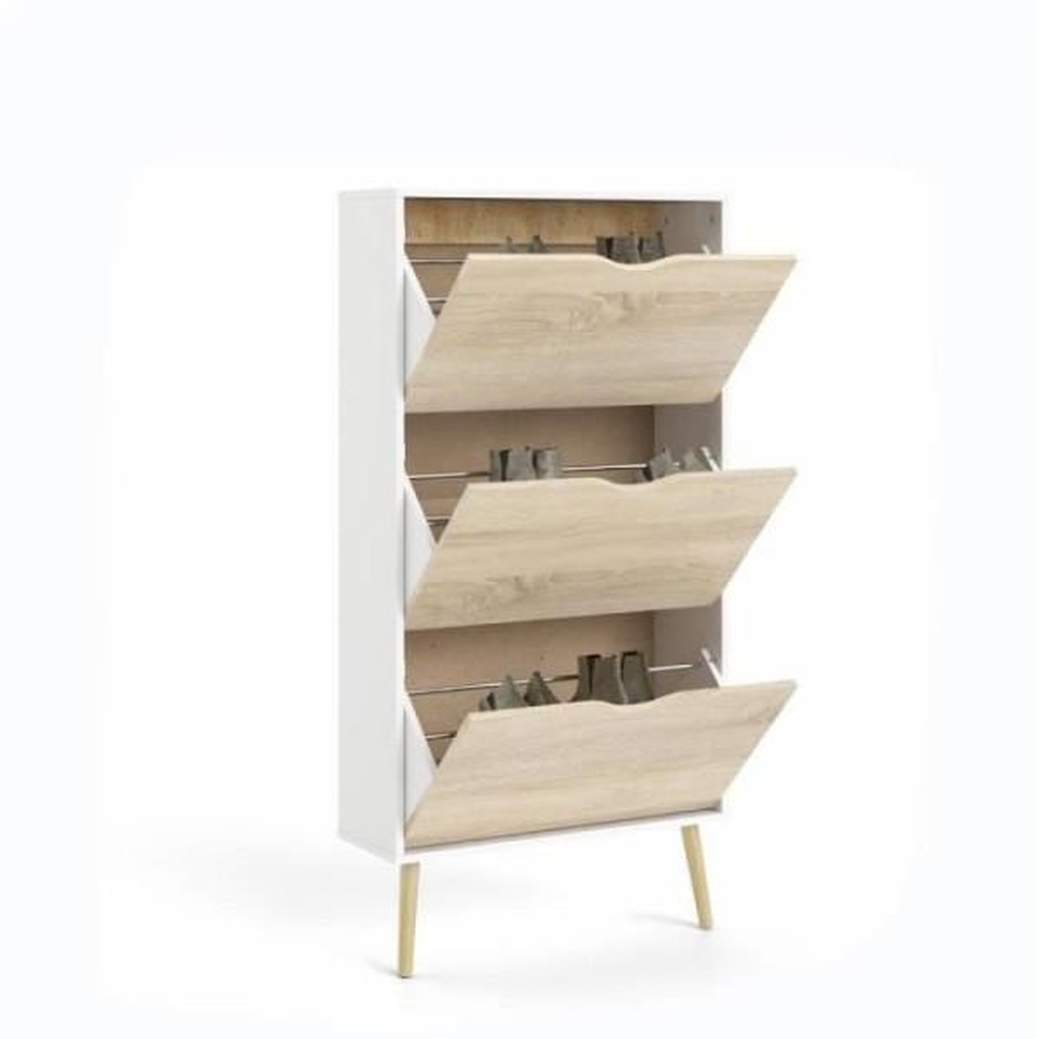 Voir la diapositive 4 : MARKET24 Meuble a chaussures - Blanc / Chene - 12 paires - Pietement évasé en bois massif - 70,2 x 23,9 x 138,9 cm ARO