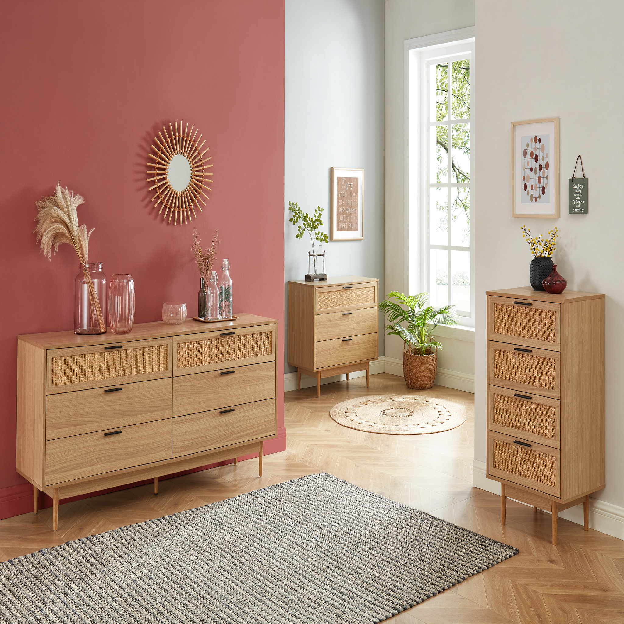 Voir la diapositive 6 : Commode 3 Tiroirs Cannage Naturel- Décor Imitation Bois L80cm AMANDINE