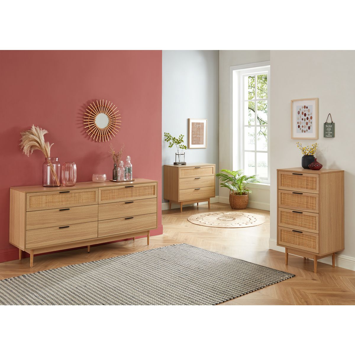 Commode 3 Tiroirs Cannage Naturel- Décor Imitation Bois L80cm AMANDINE