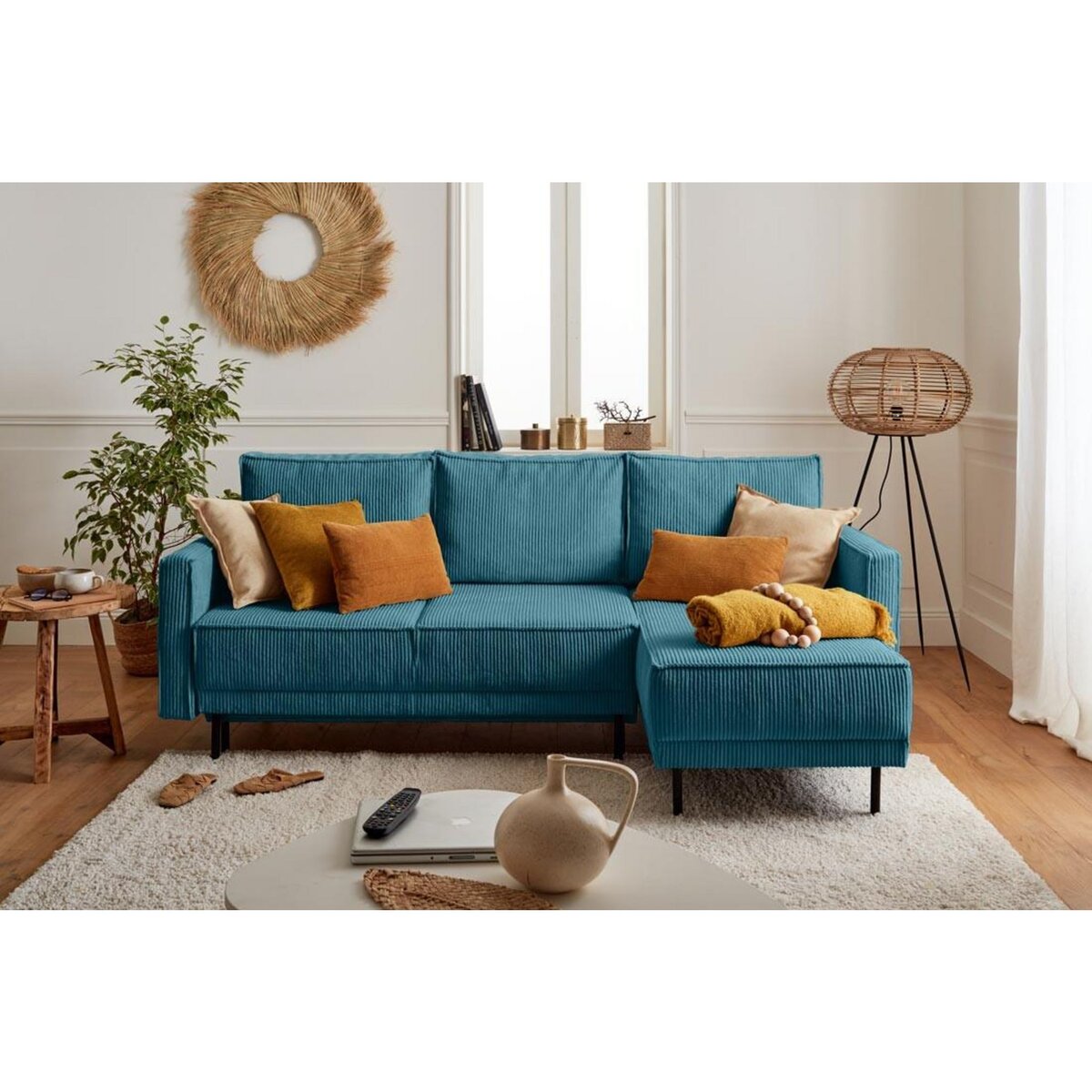 LISA DESIGN Charlie - canapé d'angle réversible - 4 places - convertible avec coffre - en velours côtelé