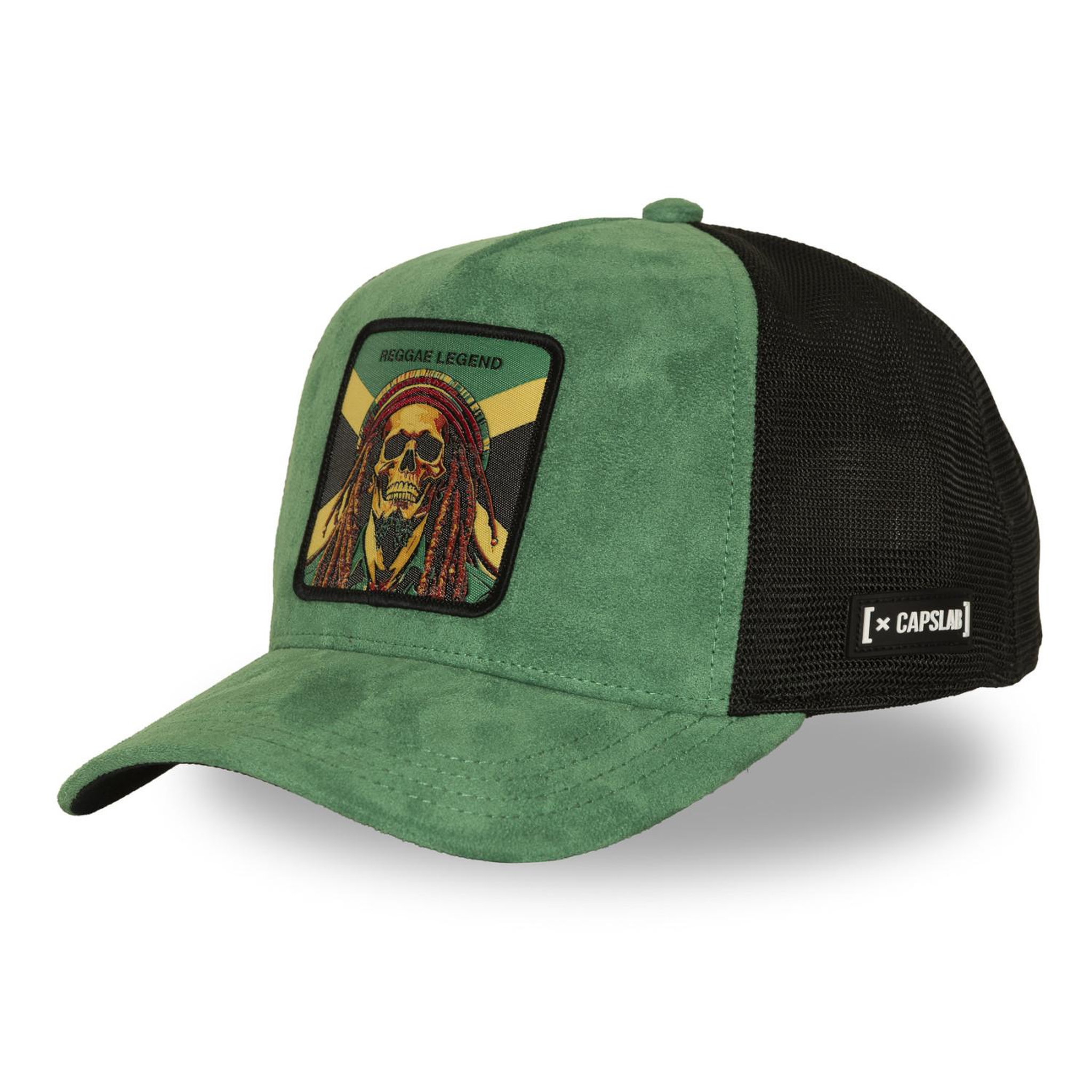 CAPSLAB Casquette trucker en suédine avec filet et patch reggae legend. Coloris disponibles : Vert