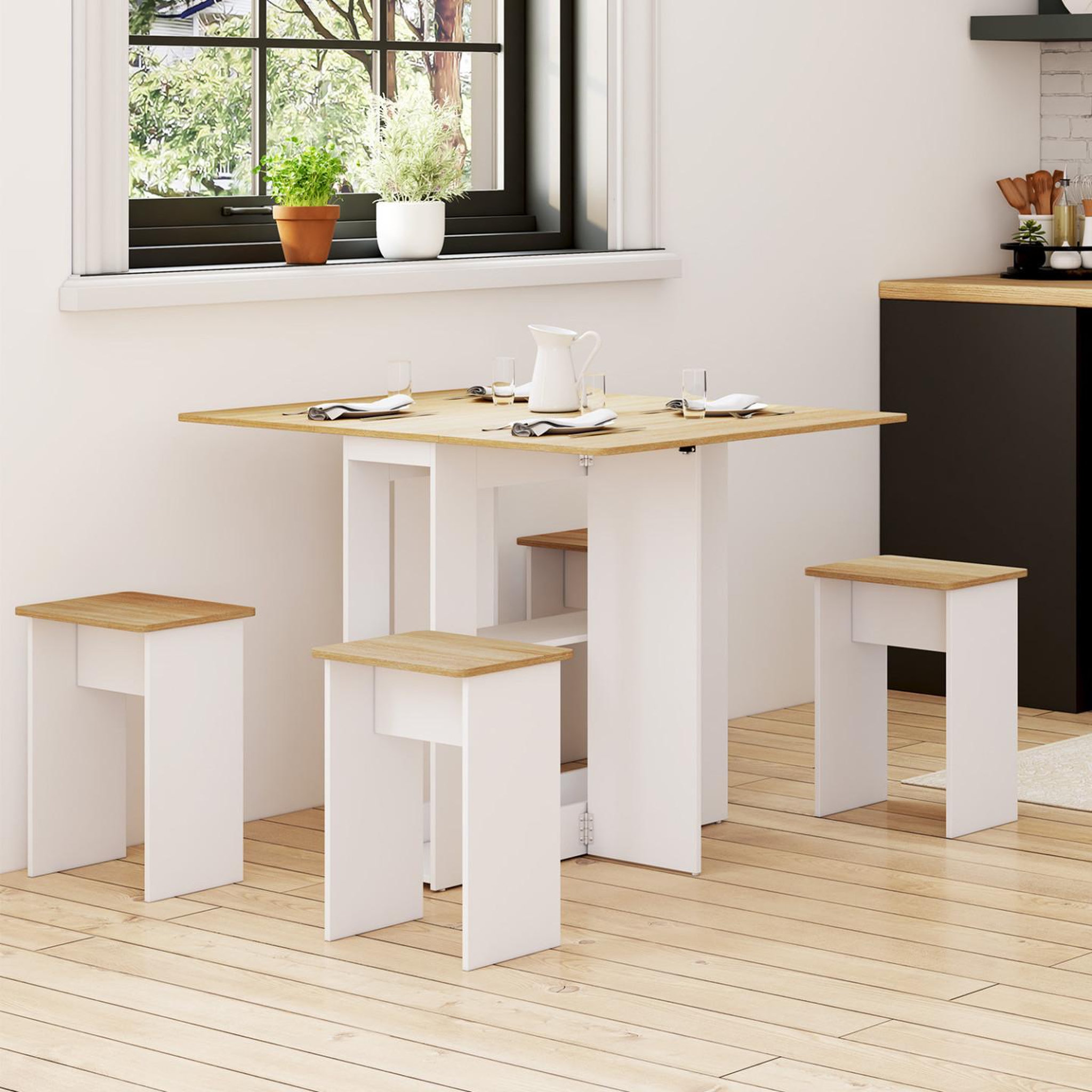 Voir la diapositive 2 : ID MARKET Ensemble table console pliable edi 2-4 personnes bois blanc et plateau façon hêtre avec 4 tabourets
