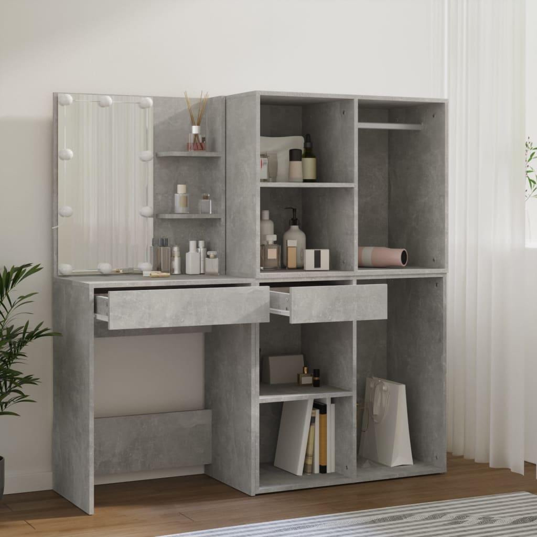 Voir la diapositive 5 : VIDAXL Coiffeuse a LED avec 2 armoires Gris beton Bois d'ingenierie