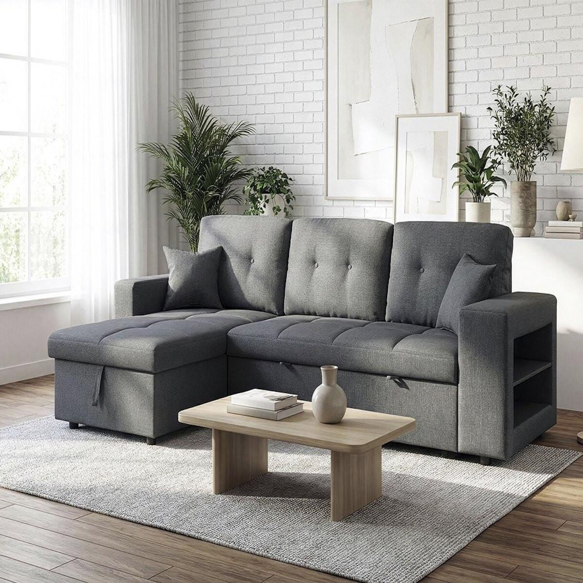 Habitat et Jardin Canapé d'angle convertible/réversible tissu style bubble  Axel  - 3 places - Gris