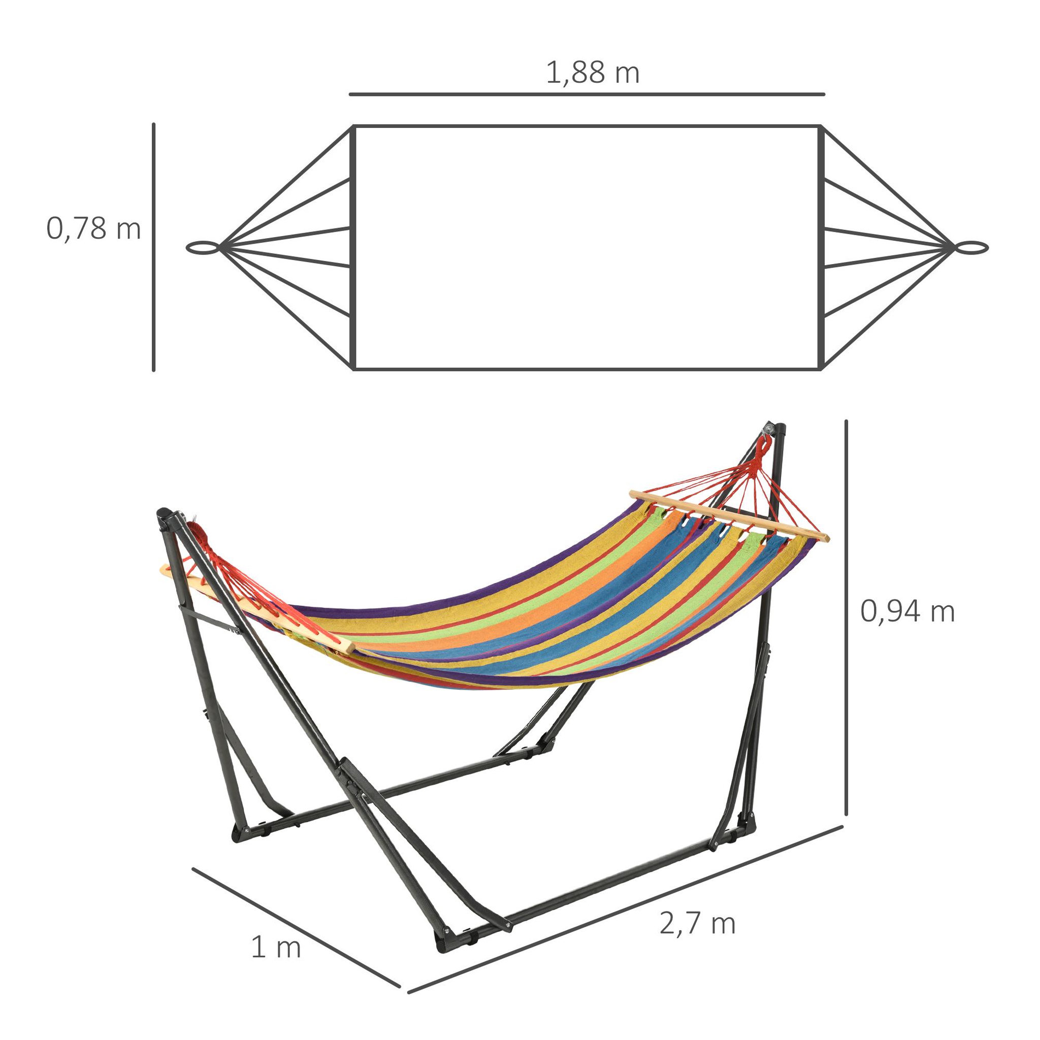 Voir la diapositive 3 : OUTSUNNY Hamac de jardin pliable avec support acier époxy et toile coton lin multicolore