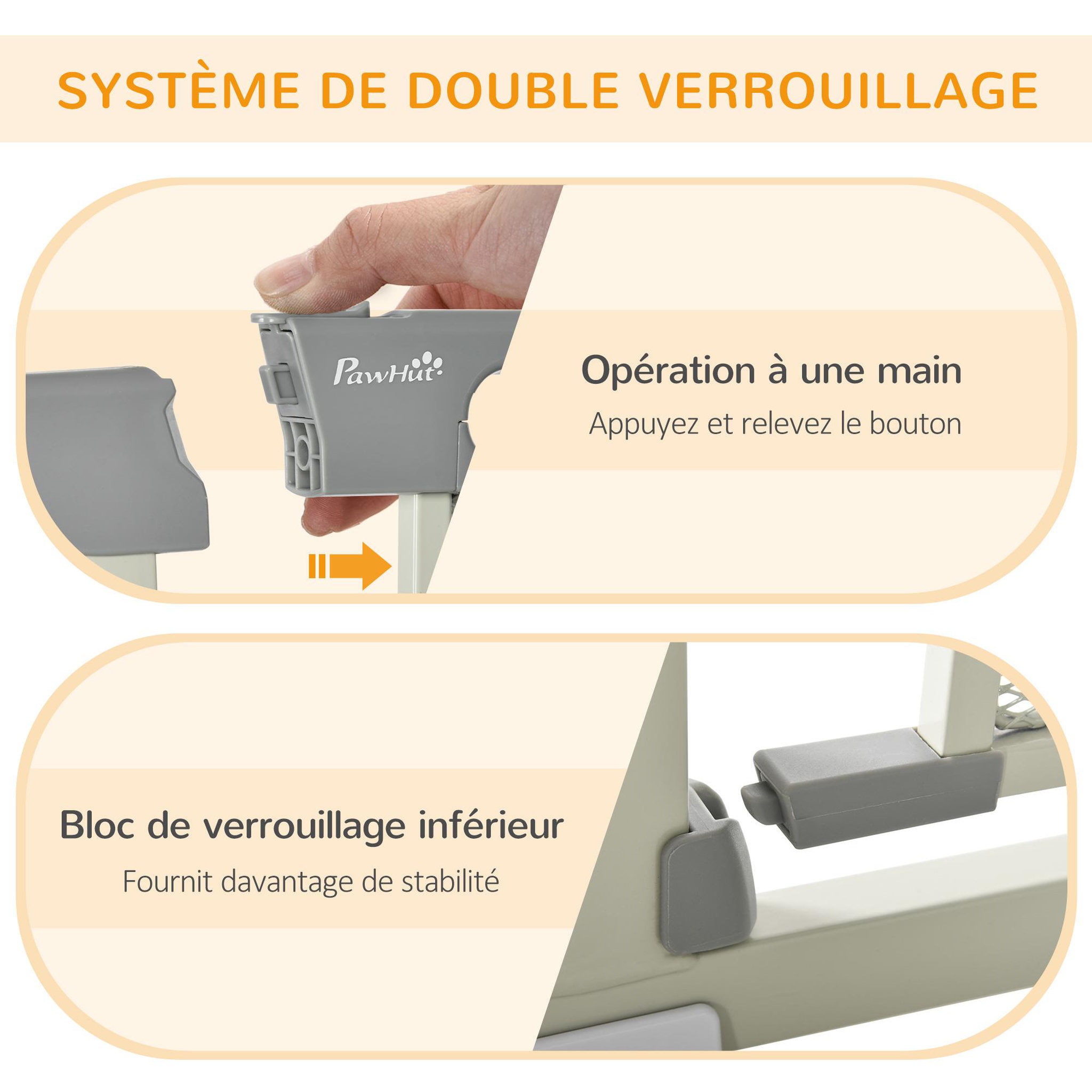 Voir la diapositive 4 : PAWHUT Barrière de sécurité animaux - longueur réglable dim. 75-103 cm - porte double verrouillage, ouverture double sens -sans perçage - acier abs gris