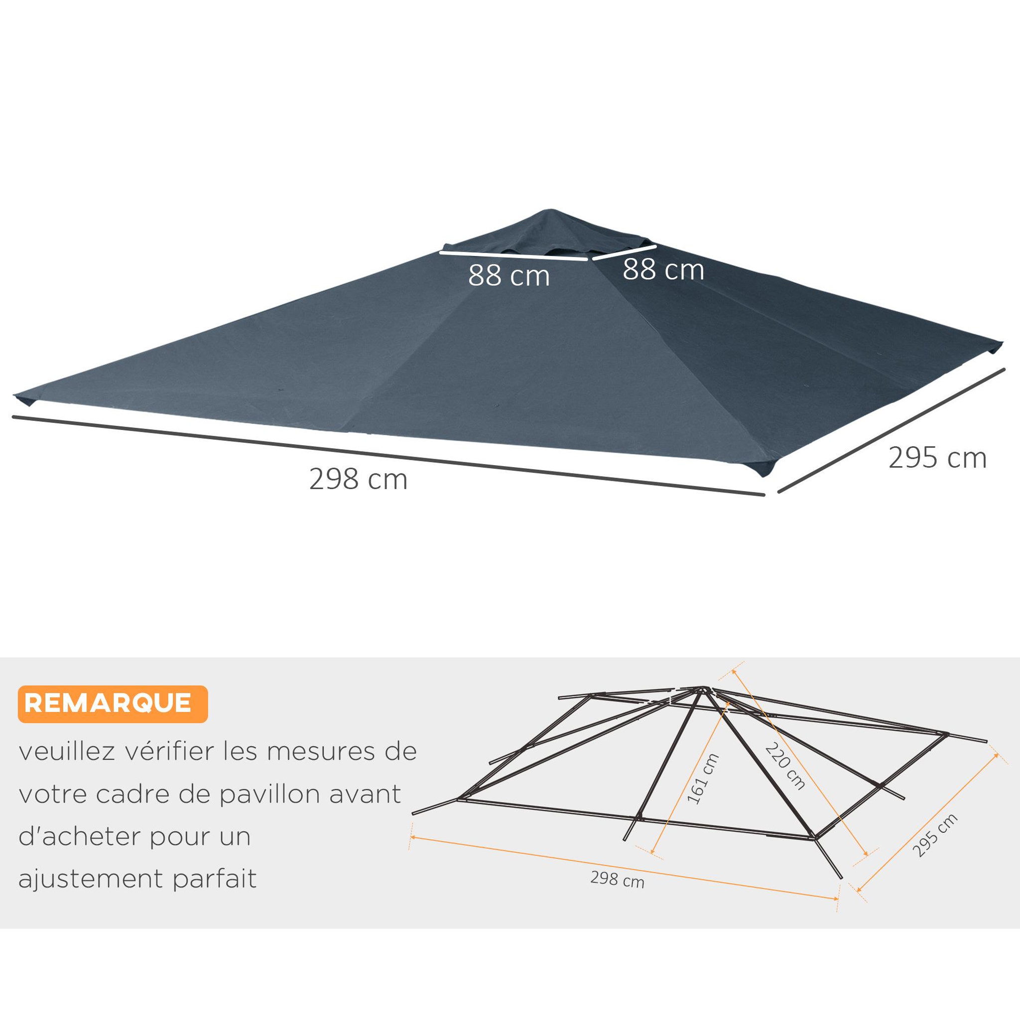 Voir la diapositive 3 : OUTSUNNY Toile de rechange pour pavillon tonnelle tente 3 x 3 m polyester haute densité 180 g/m² revêtement PA anti-UV gris