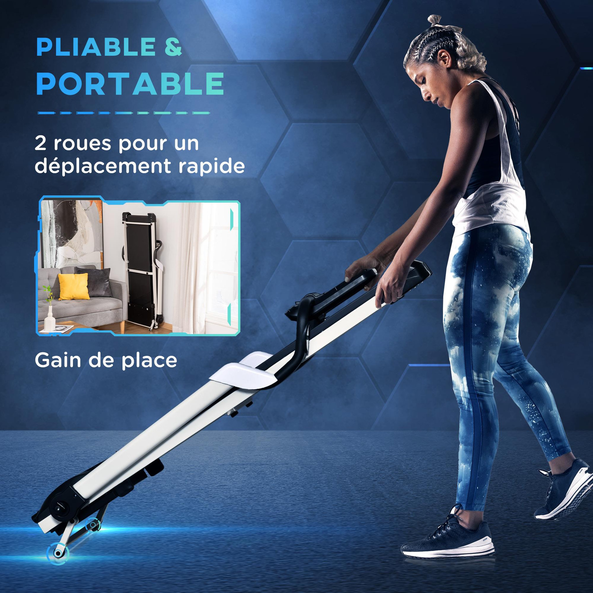 Voir la diapositive 5 : HOMCOM Tapis de course électrique pliable 1-12Km/h 400W grand écran LED multifonction 12 programmes clé sécurité acier ABS noir blanc