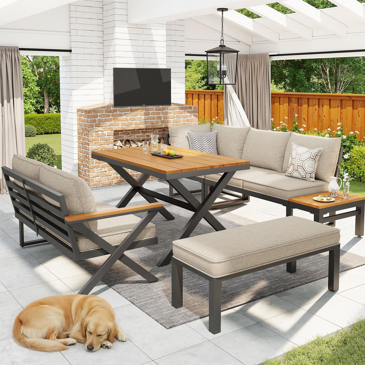 MERAX Salon de jardin modulaire 7 places en fer avec coussins de 10 cm et tables en bois