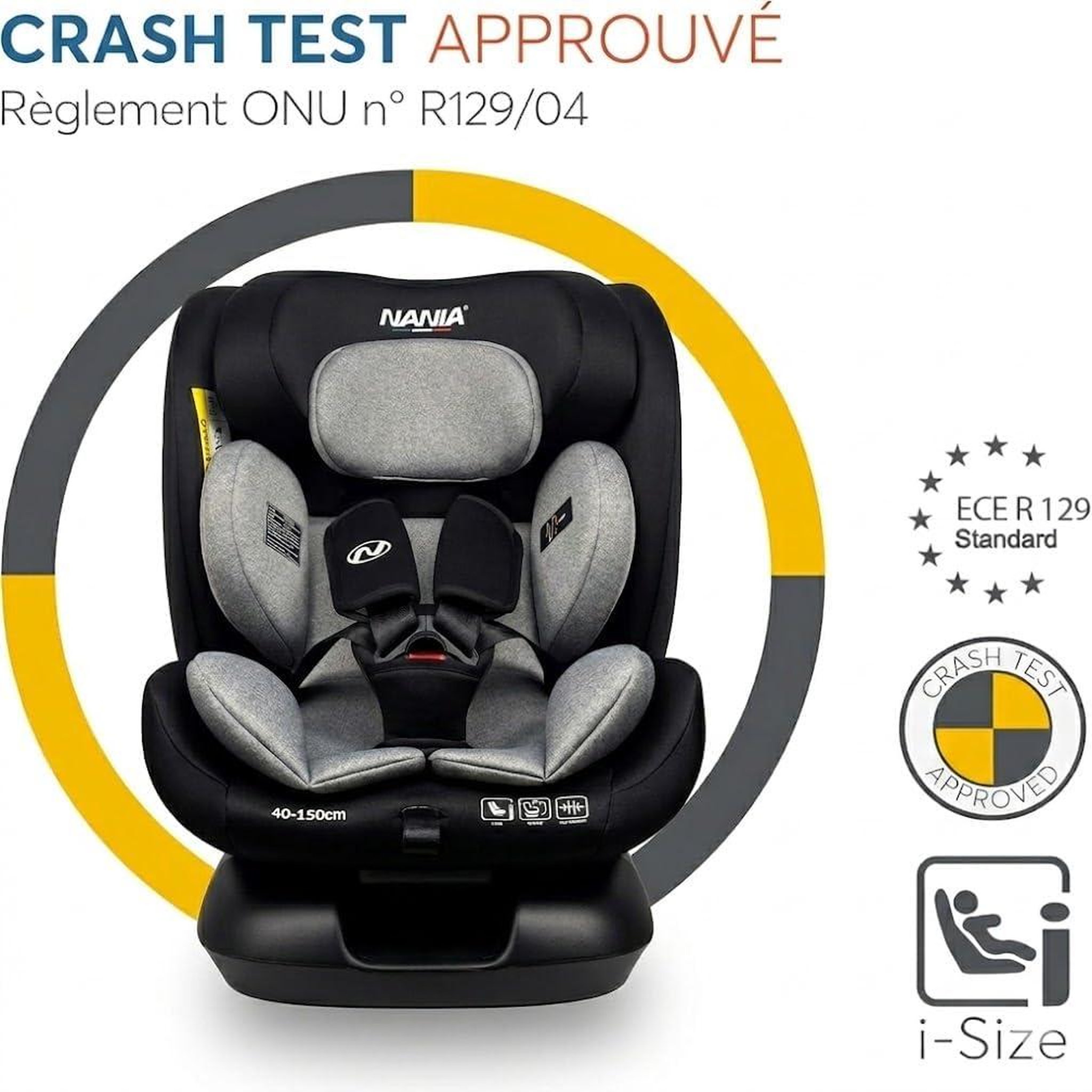Voir la diapositive 5 : NANIA Nania Siège auto enfant Prato - I-Size 40-150 cm - Evolutif naissance jusqu'à 12 ans environ - Fixations ceinture de sécurité- Réglage de l'Appui-tête et de l'Inclinaison, Insert Lombaire et Réducteur