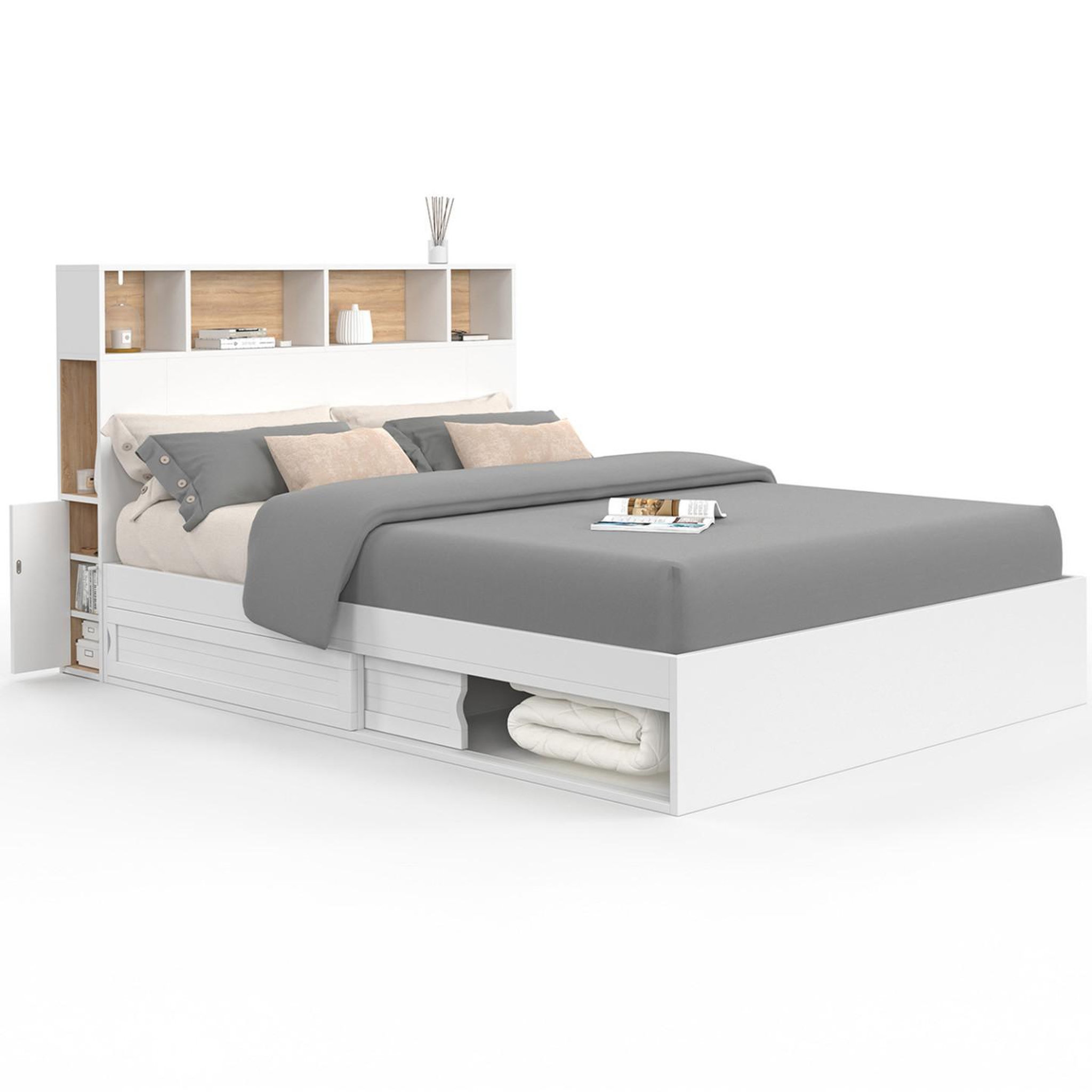 ID MARKET Lit double clem avec tête de lit, rangements et sommier 140 x 190 cm blanc