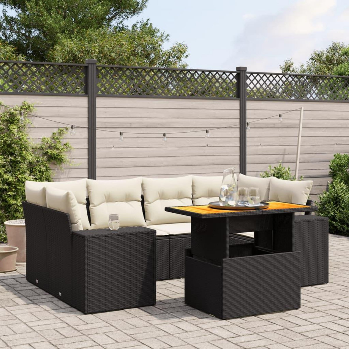 VIDAXL Salon de jardin 7 pcs avec coussins noir resine tressee