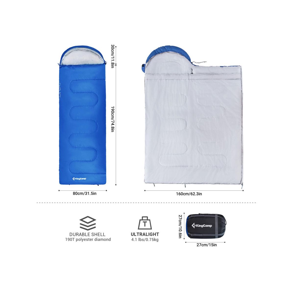 KINGCAMP Sac de couchage - Kingcamp - Modèle Oasis 300 - Bleu - 190 x 75 cm