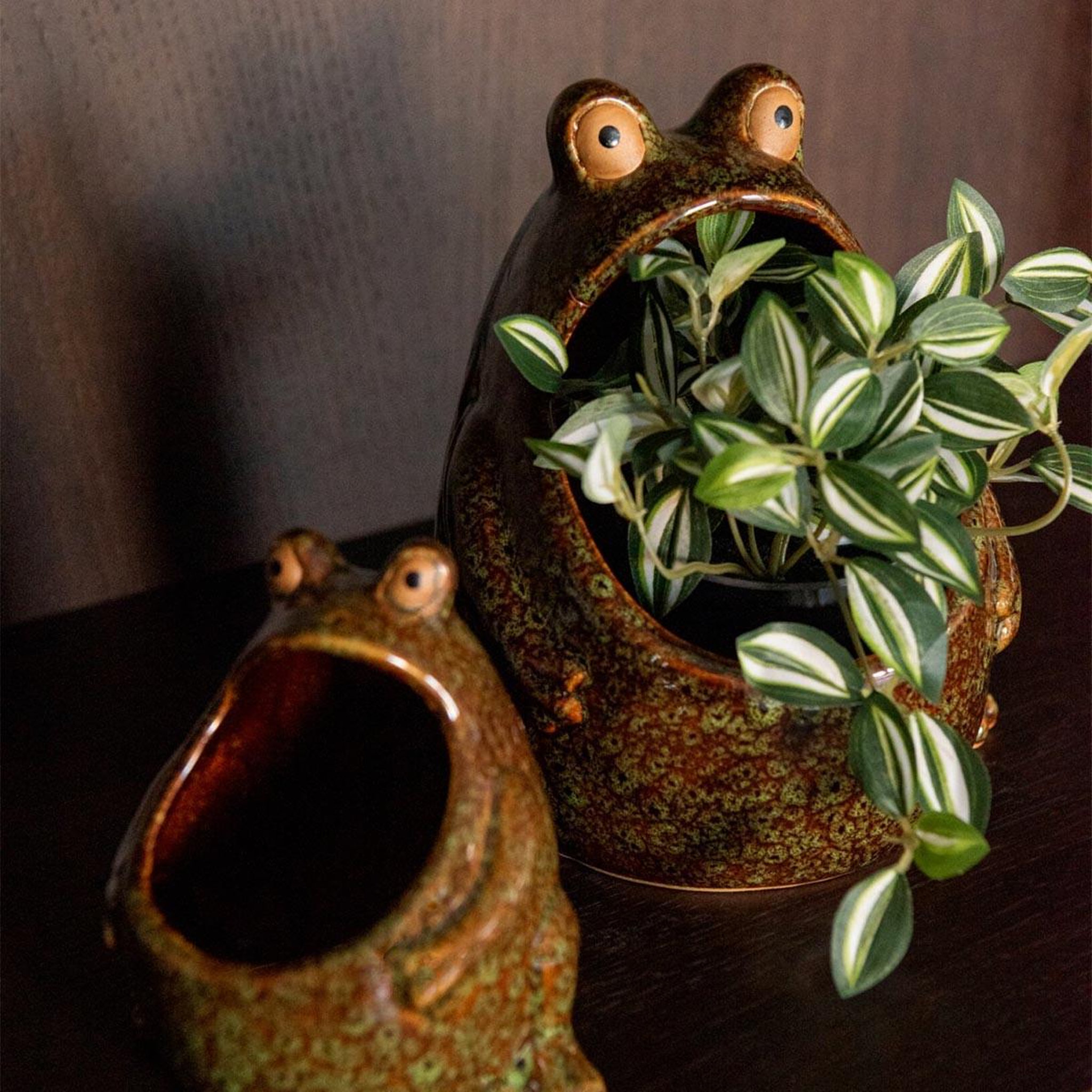 Voir la diapositive 5 : J-LINE Cache-Pot Grenouille en Grès  Enzo  20cm Marron