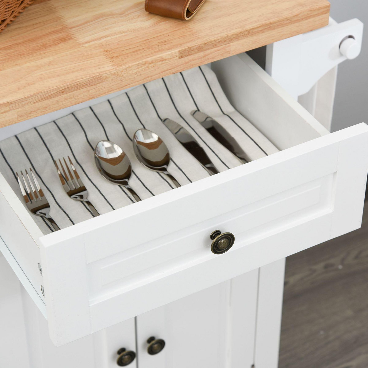 HOMCOM Desserte de cuisine multi rangements 2 tiroirs 2 placard 2 portes avec étagère range-bouteille porte-torchons MDF hévéa