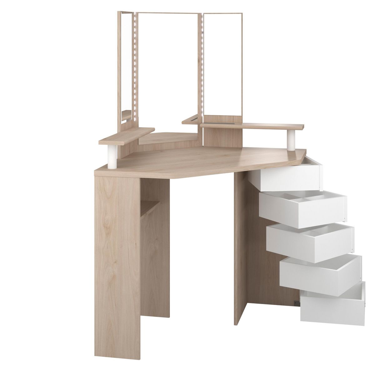 Coiffeuse d'angle 3 miroirs 5 tiroirs pivotants GIRLY