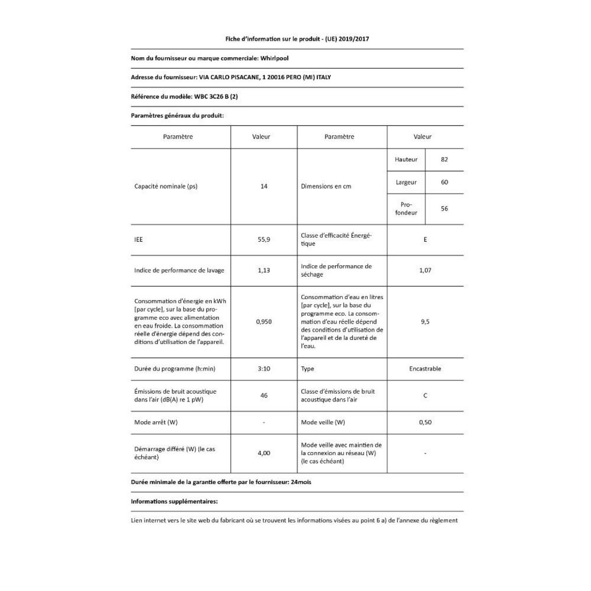 Whirlpool Lave-vaisselle 60cm 14 couverts 46bd intégrable avec bandeau - wbc3c26b