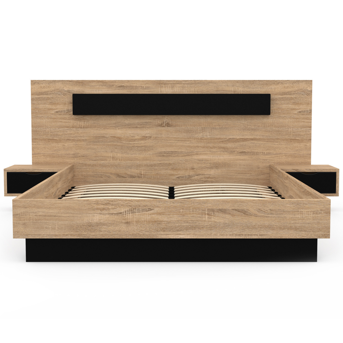 ID MARKET Lit double SANTA avec tête de lit + tables de chevet intégrées et sommier 140 x 190 cm bois et noir