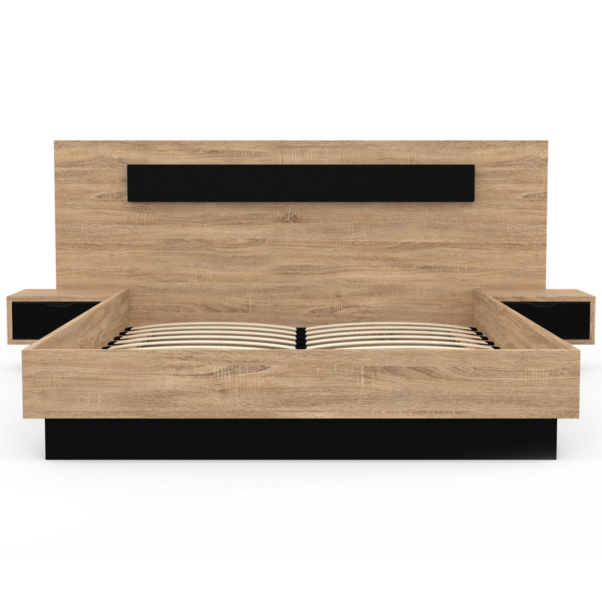 ID MARKET Lit double SANTA avec tête de lit + tables de chevet intégrées et sommier 140 x 190 cm bois et noir