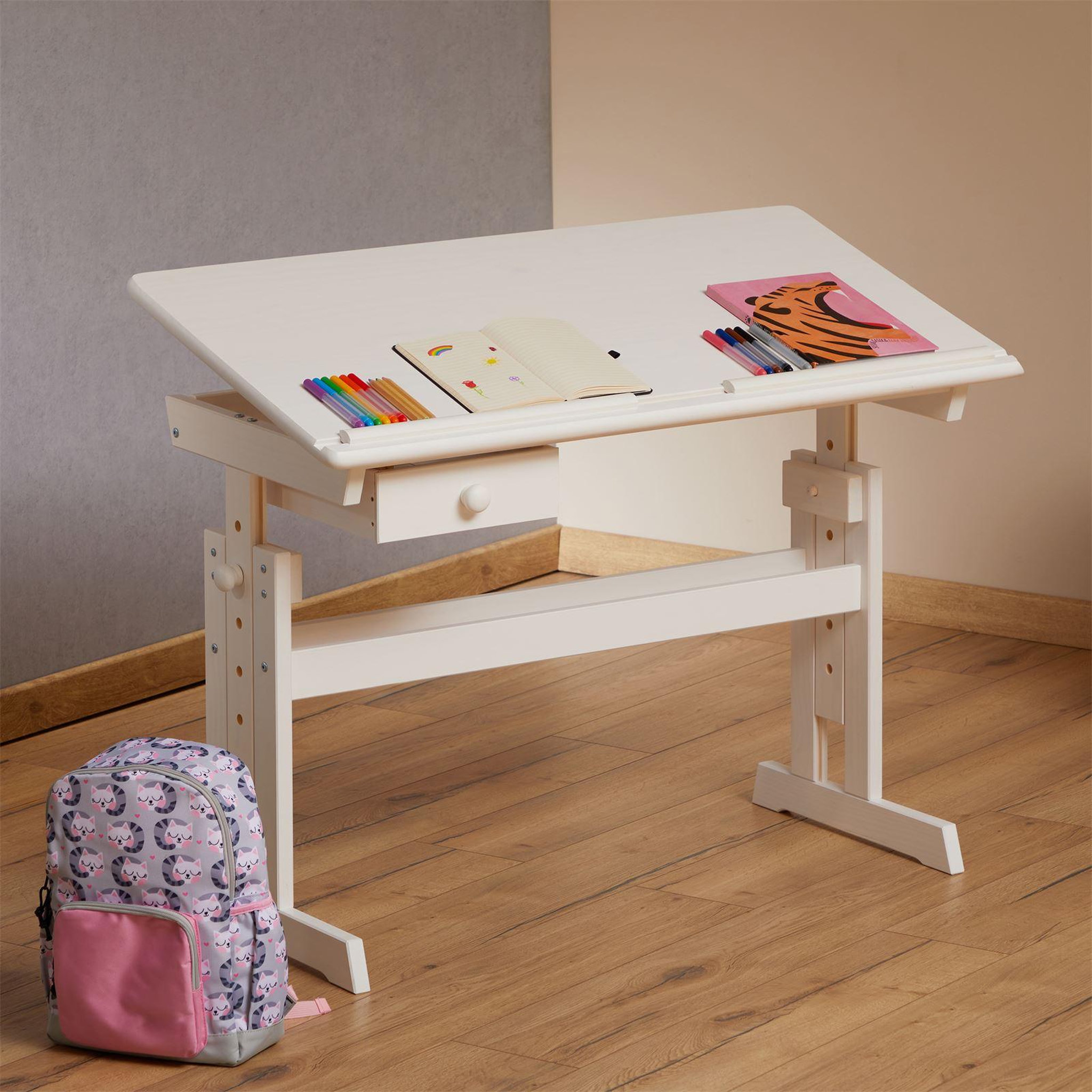 Voir la diapositive 2 : IDIMEX Bureau enfant écolier junior FLEXI table à dessin réglable en hauteur et pupitre inclinable avec 1 tiroir en pin massif lasuré blanc