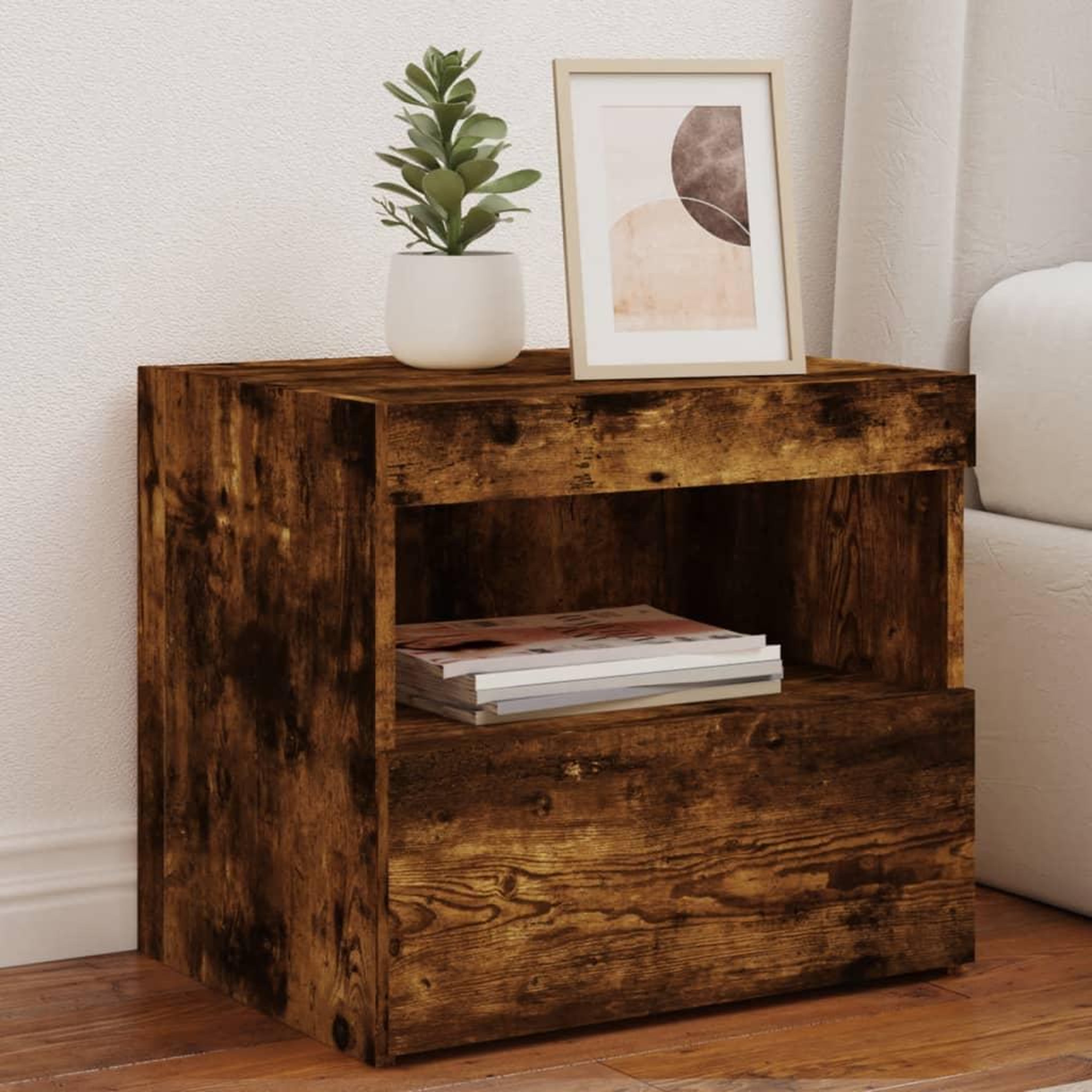 VIDAXL Table de chevet avec lumieres LED chene fume 50x40x45 cm