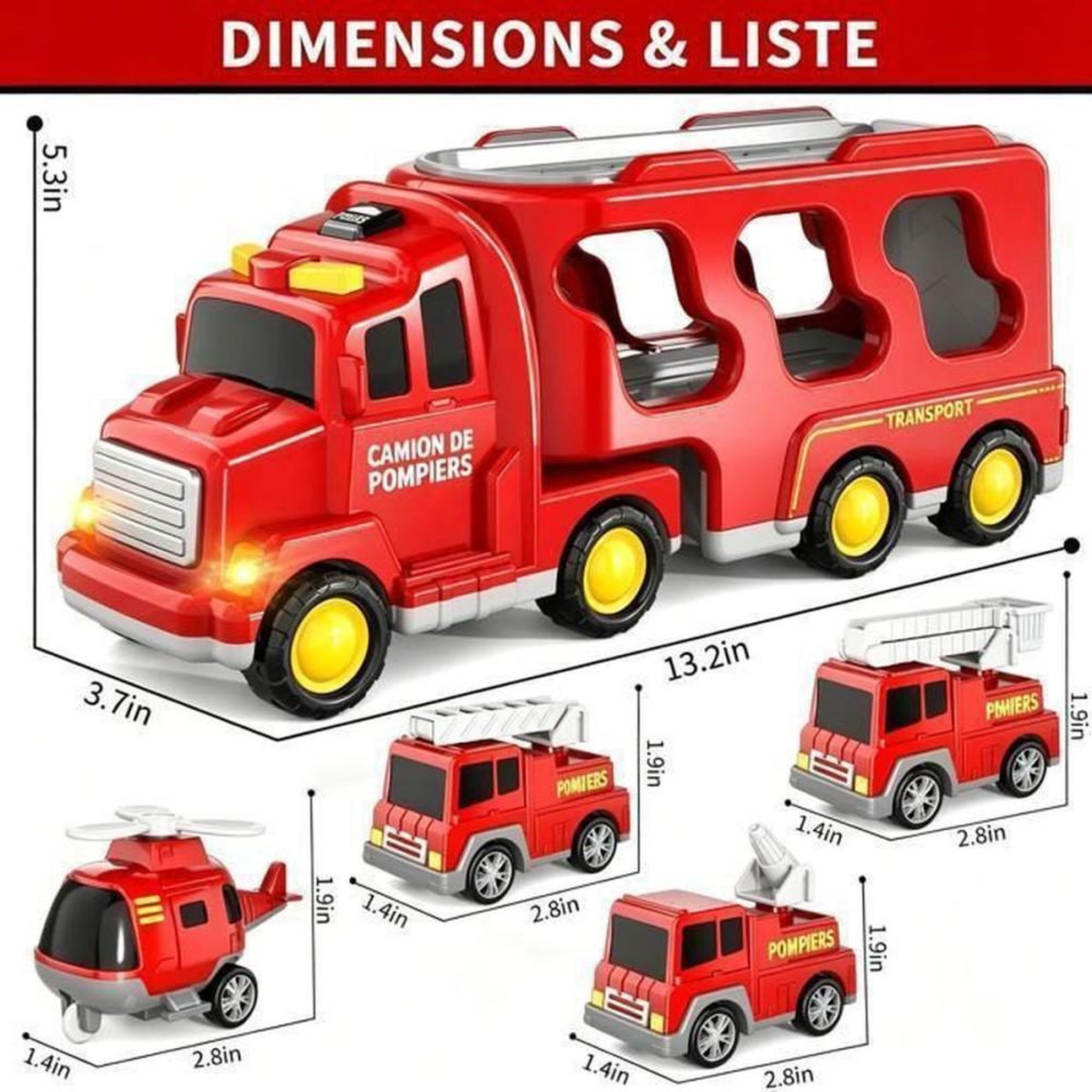 Voir la diapositive 3 : Camion de pompiers miniature 5 en 1, set avec 4 véhicules, sons et lumières, rouge, ABS sécurisé, pour jeu intérieur et extérieur