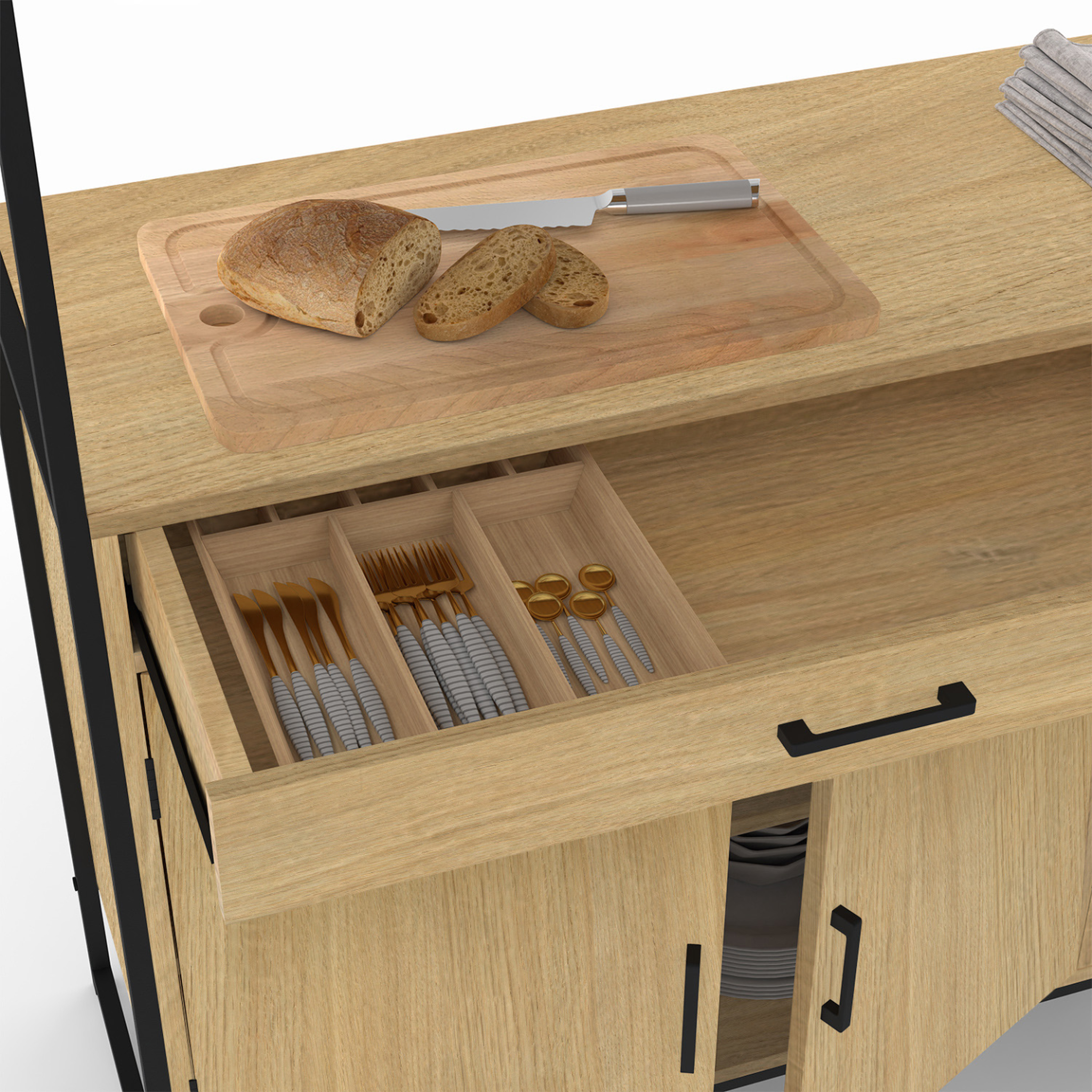 Voir la diapositive 6 : ID MARKET Buffet de cuisine vitré 120 cm detroit meuble vaisselier 6 portes design industriel + tiroir