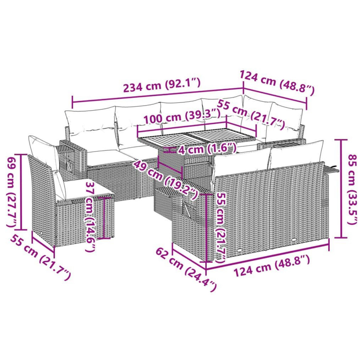 VIDAXL Salon de jardin 9 pcs avec coussins noir resine tressee