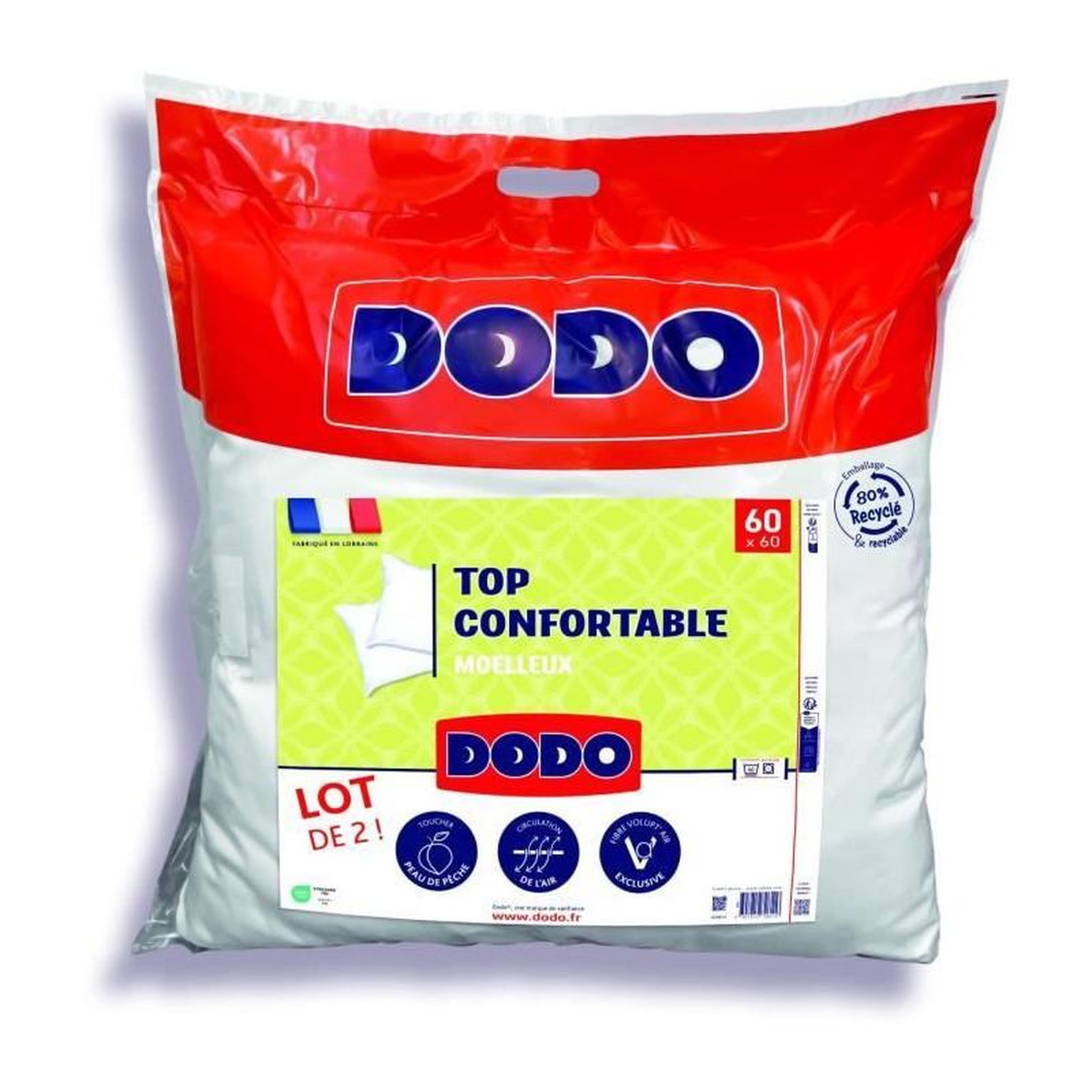 DODO DODO - Lot de 2 Oreillers - Confortable - 60 x 60 cm - 100% Polyester VOLUPT'AIR - Blanc