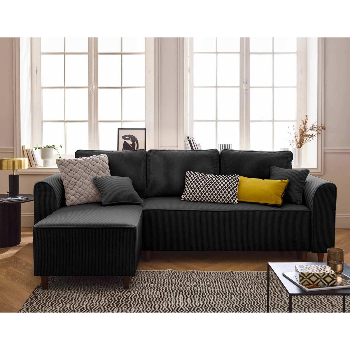 BEST MOBILIER Saphir - canapé d'angle réversible 4 places - convertible avec coffre - en velours côtelé