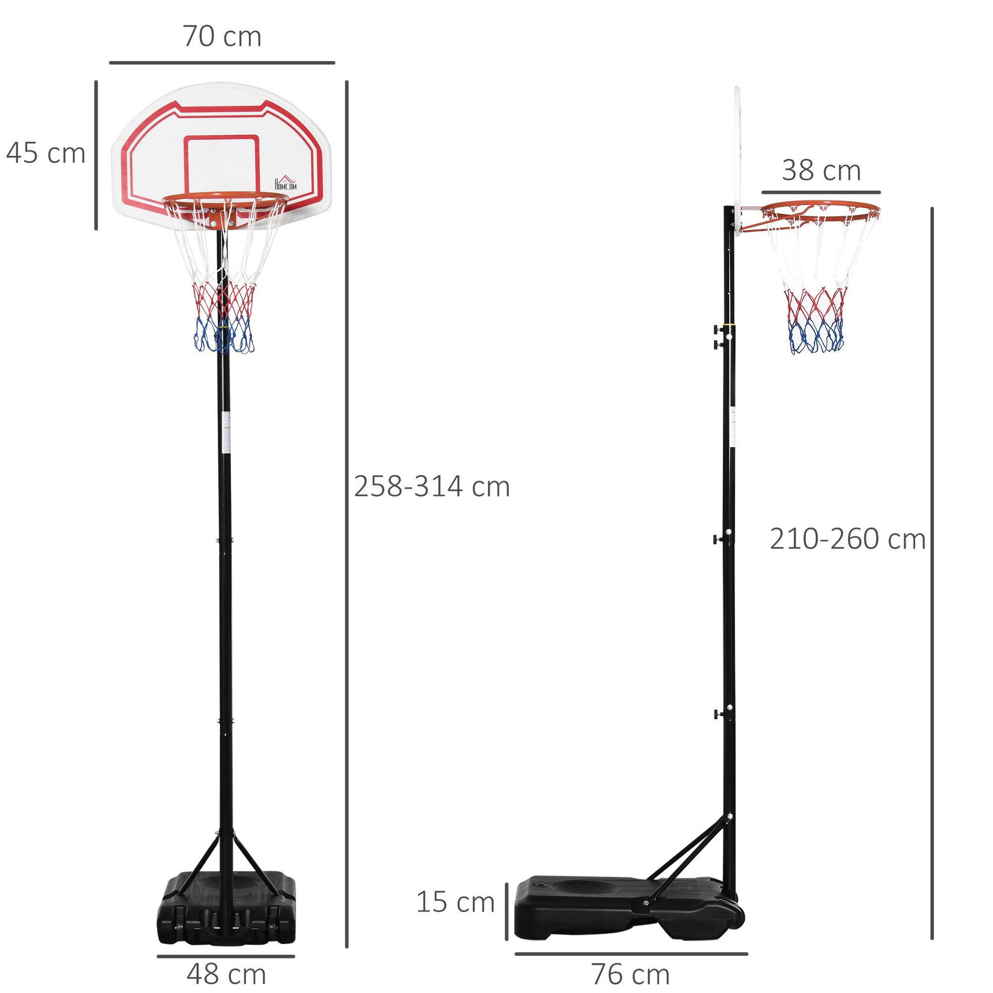 Voir la diapositive 3 : HOMCOM Panier de basket-ball sur pied avec poteau panneau - base de lestage sur roulettes - hauteur réglable 5 niveaux 2,45-2,95 m - acier hdpe noir blanc