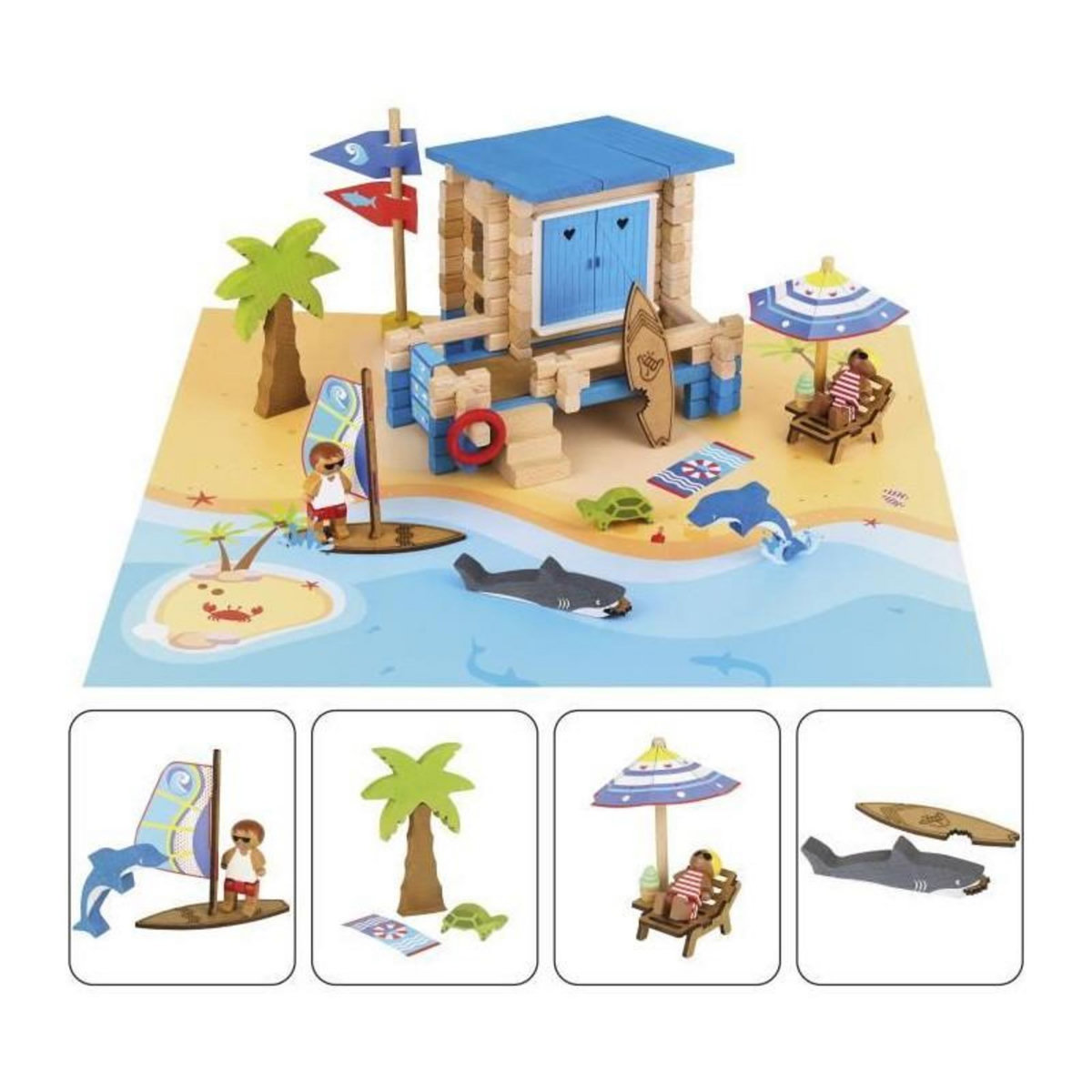 JeuJura Journée a la Plage 120 Pieces - JEUJURA - Jeu de Construction en Bois Naturel, Tapis et Accessoires Inclus, 32x27x11 cm