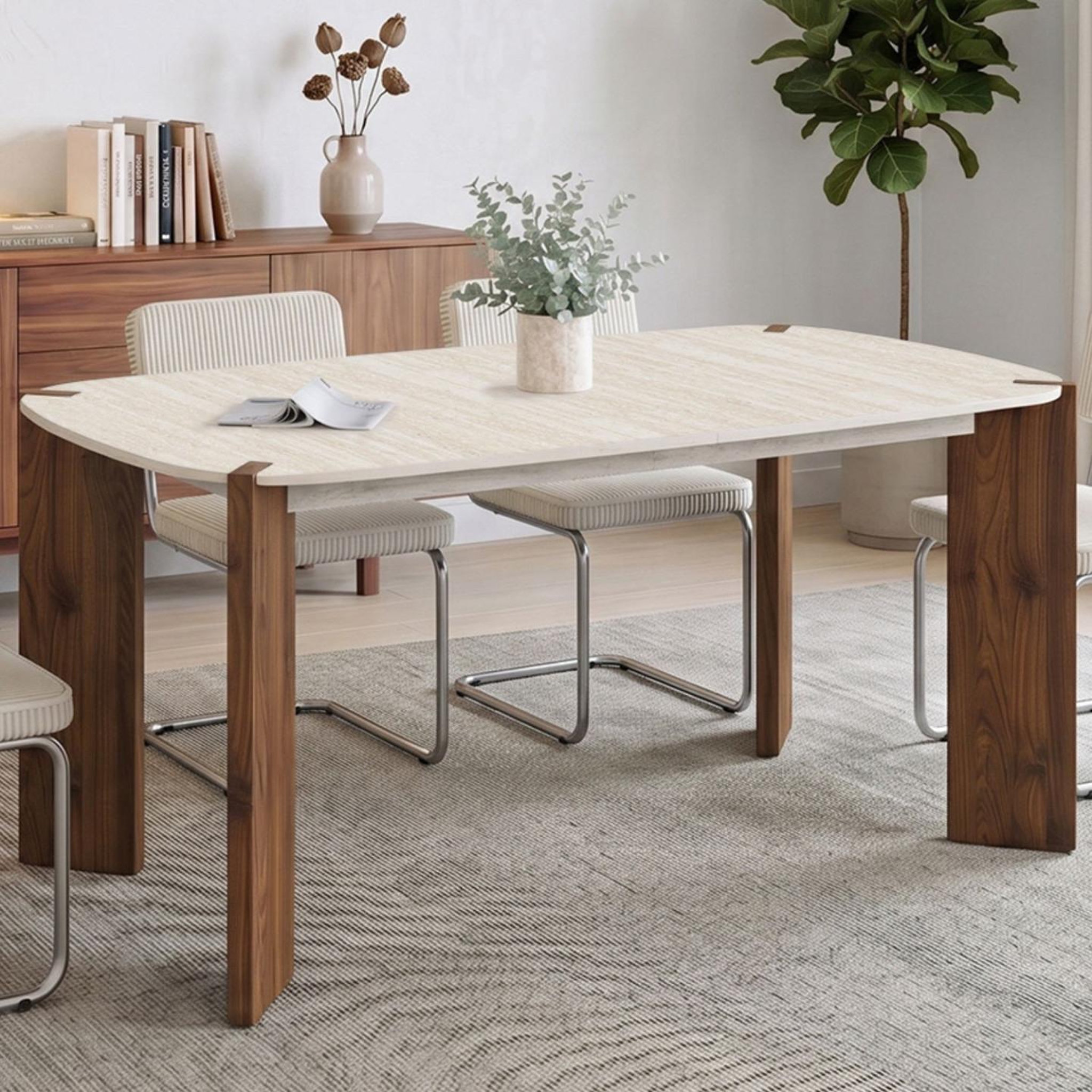 Voir la diapositive 5 : ID MARKET Table à manger extensible rectangulaire arrondie tess 6-10 personnes 4 pieds arrondis noyer plateau travertin 160-200 cm