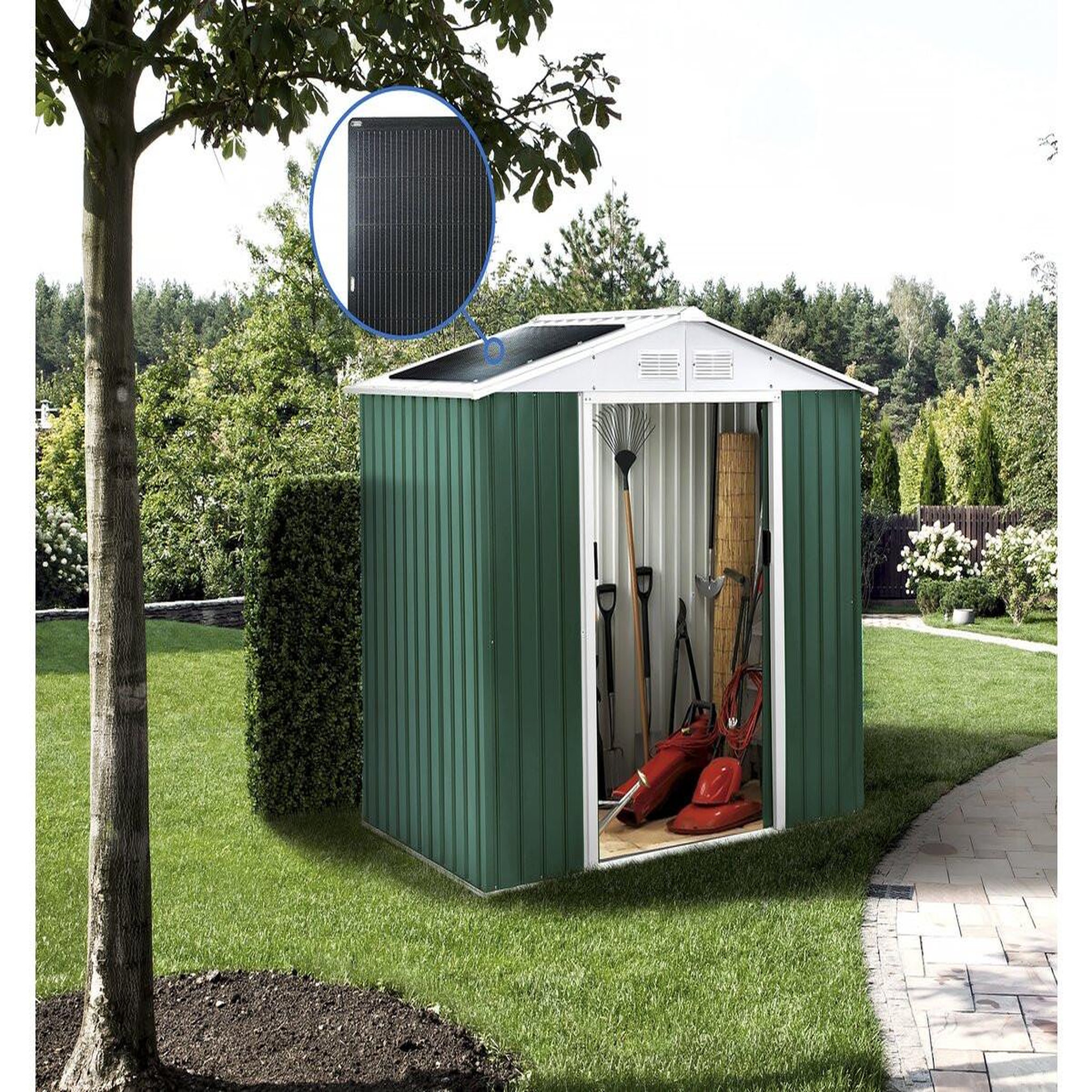 Voir la diapositive 2 : Habitat et Jardin Abri de jardin métal -  rosas   - 4,07 m² avec panneaux solaires - vert