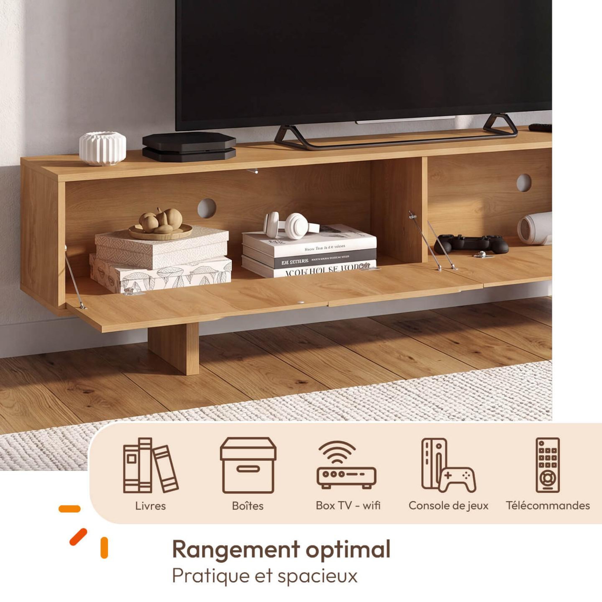 Voir la diapositive 4 : ID MARKET Meuble TV 180 cm ARVIN 2 portes avec reliefs arrondis bois clair