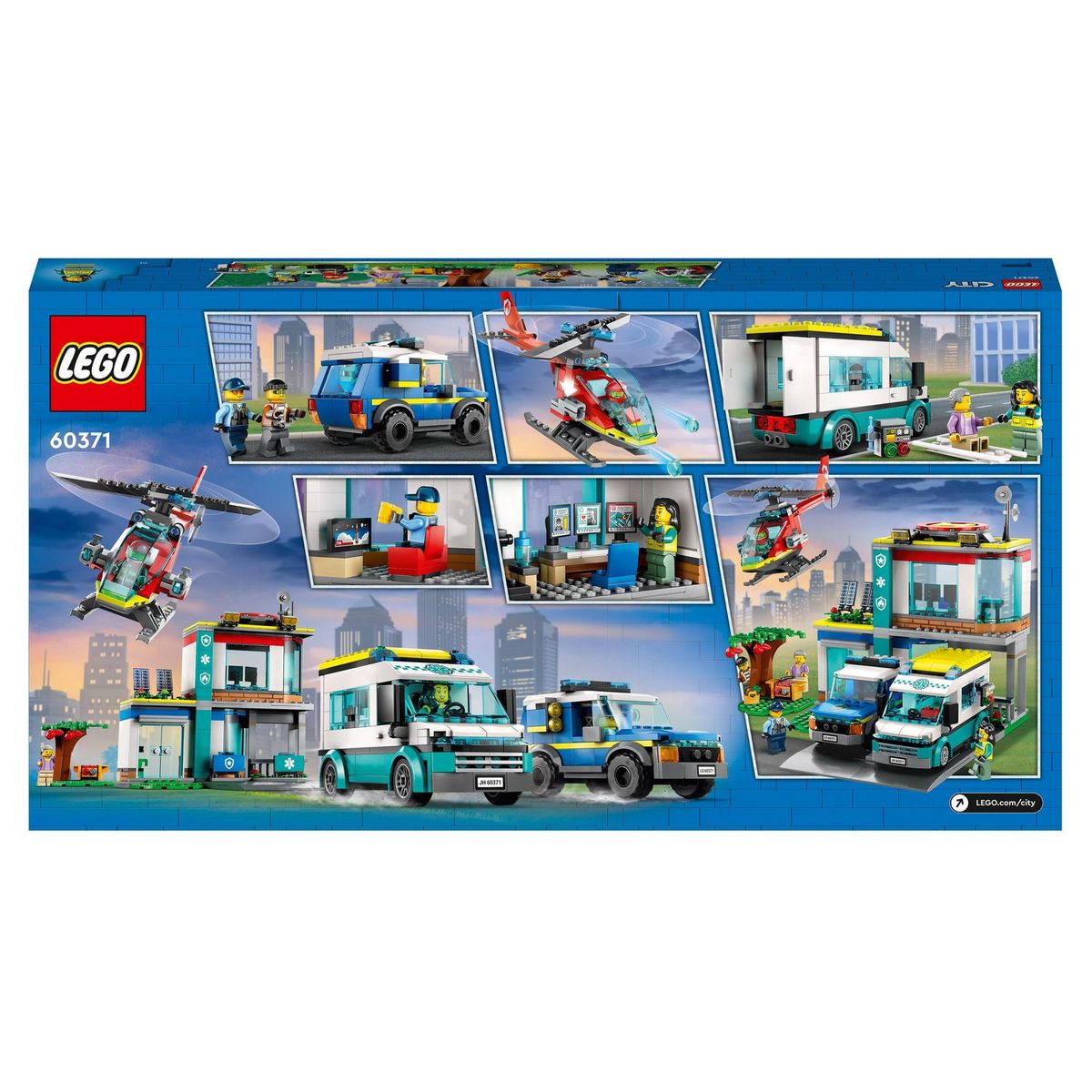 LEGO City 60371 Le QG des véhicules d'urgences, avec Hélicoptère de Pompier, Jouet Camion Ambulance, Moto et Voiture de Police