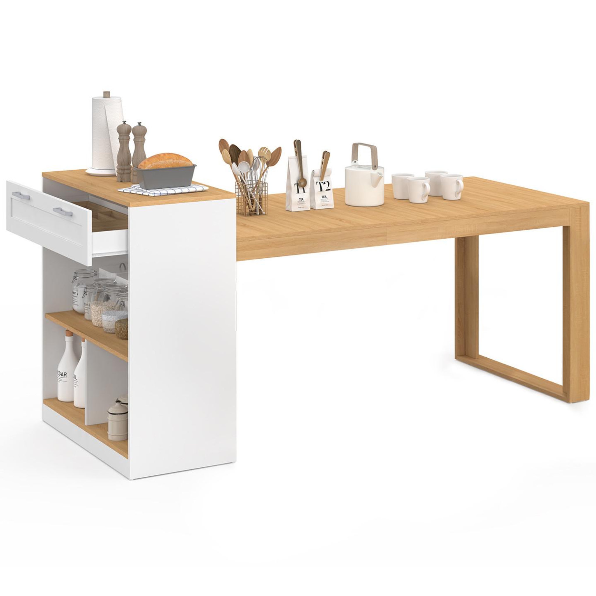 Voir la diapositive 4 : ID MARKET Ilot central avec table à manger 5 personnes gary 190 cm blanc et plateau bois