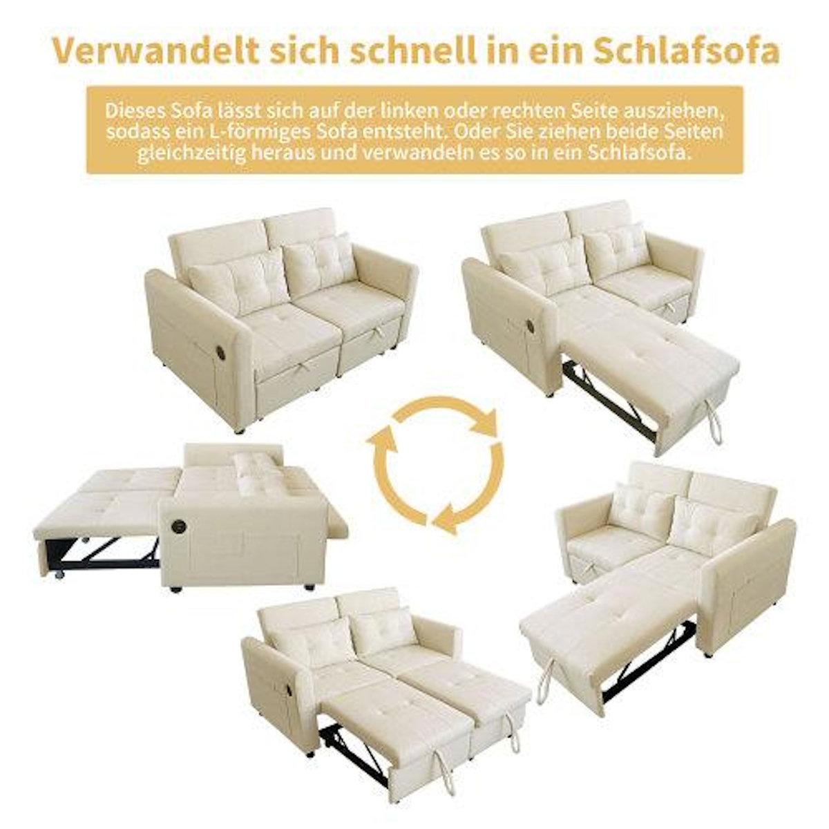 MERAX Canapé droit convertible 2 places coton et lin