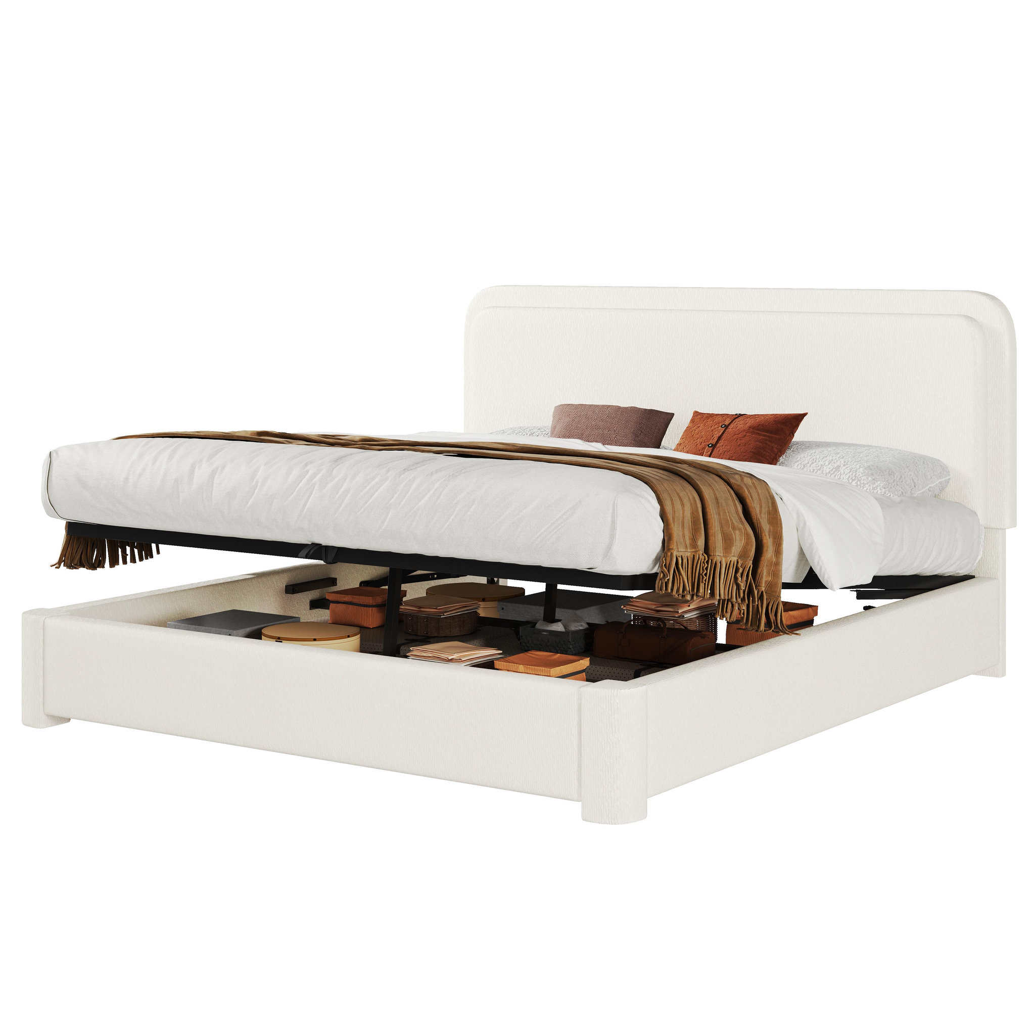 MERAX Lit double 160x200 cm avec coffre rangement tête de lit réglable bouclé blanc