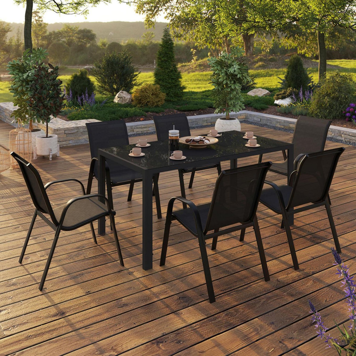 ID MARKET Salon de jardin MADRID table 150 CM et 6 chaises empilables noir